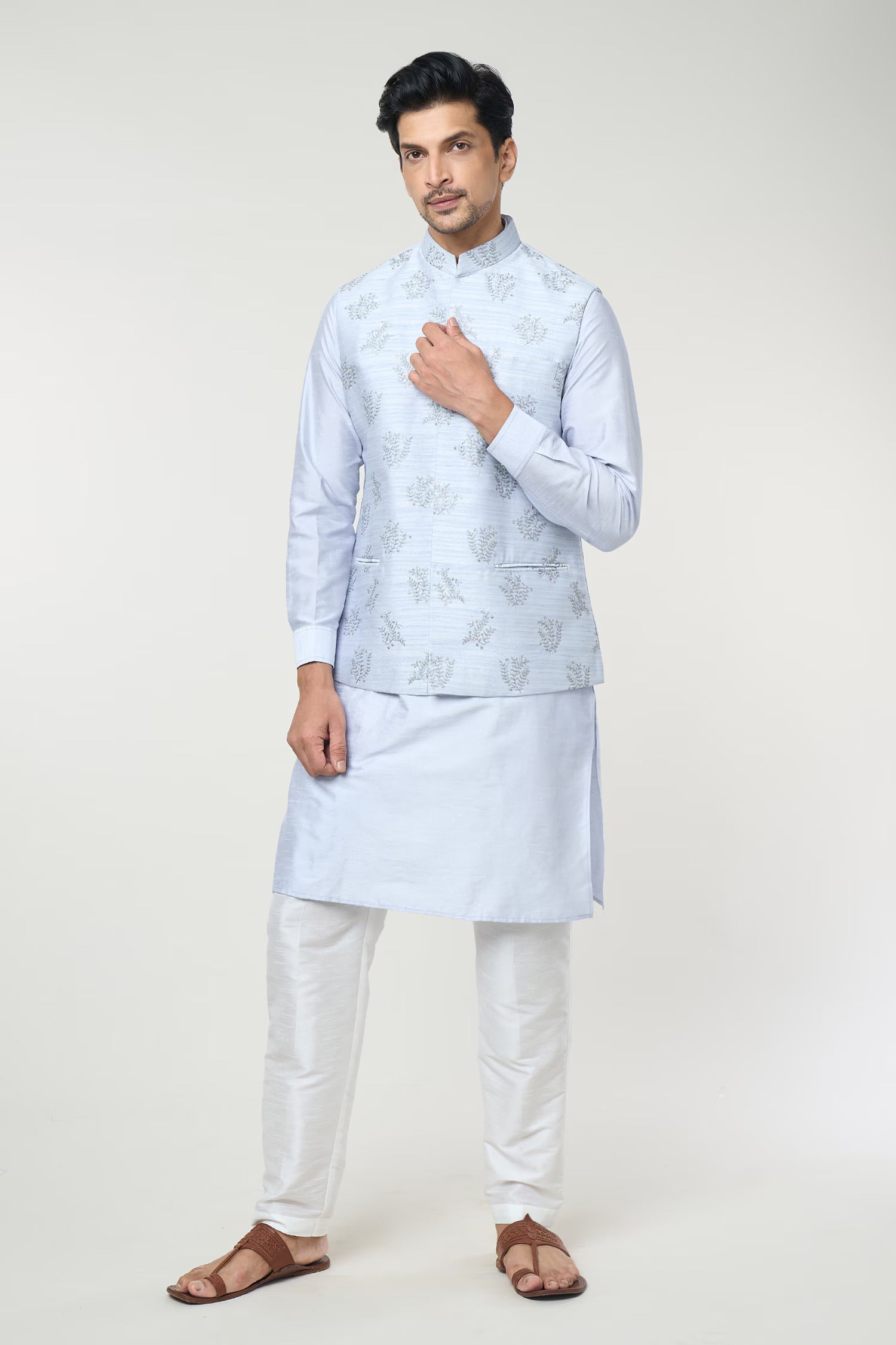 Powder Blue Embroidered Kurta-Jacket Set