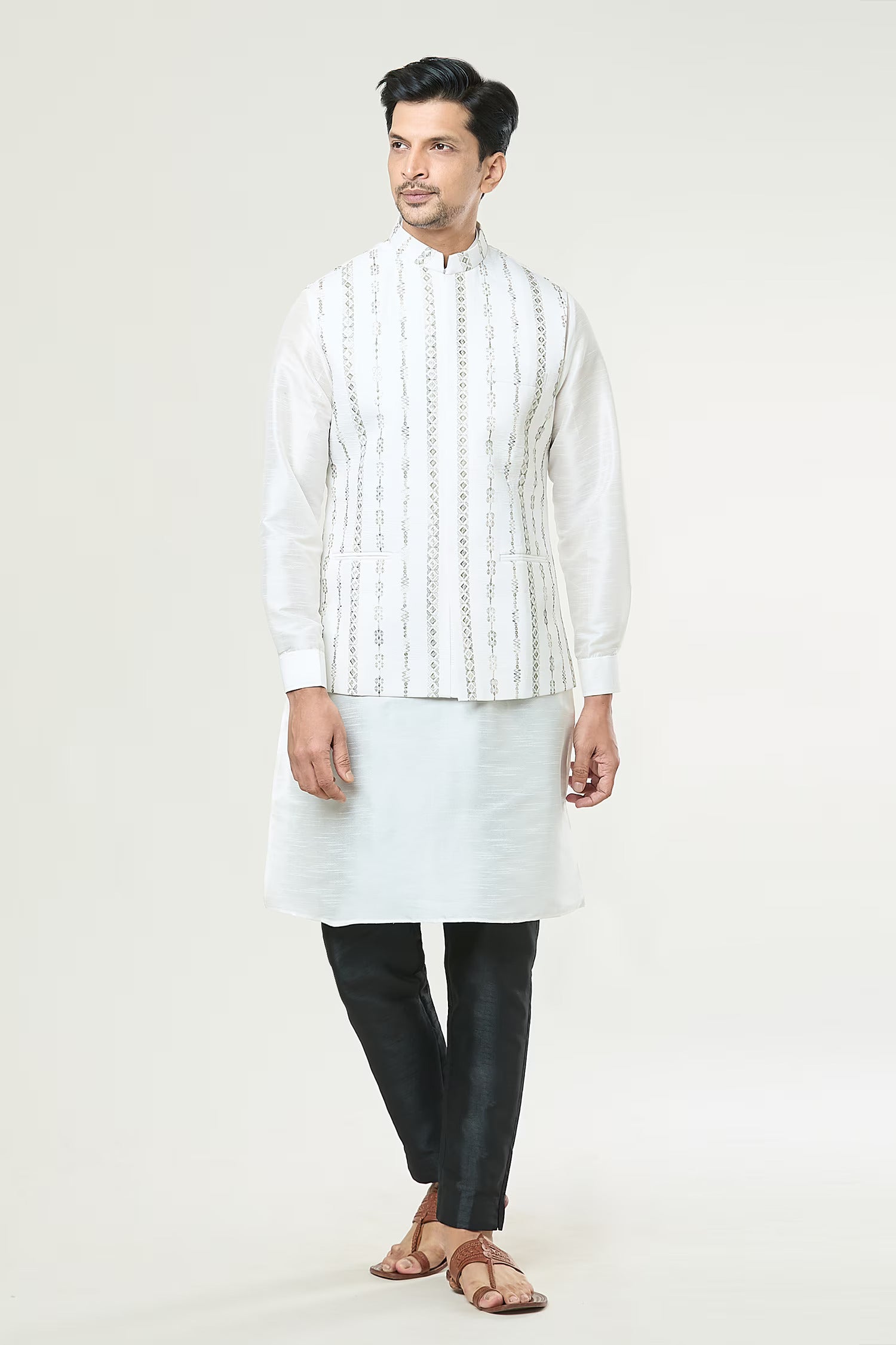 Off White Embroidered Kurta-Jacket Set