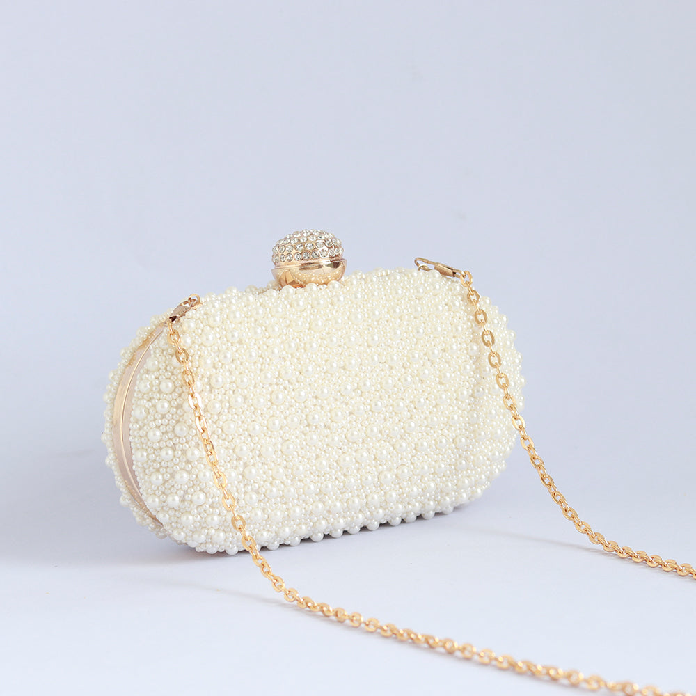 THE TAN CLAN Asad All White Pearl Hand Embroidered Clutch