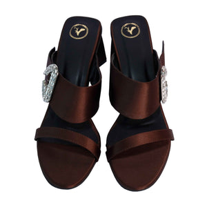Brown Open Toe Leather Dazzle Mocha Block Heel