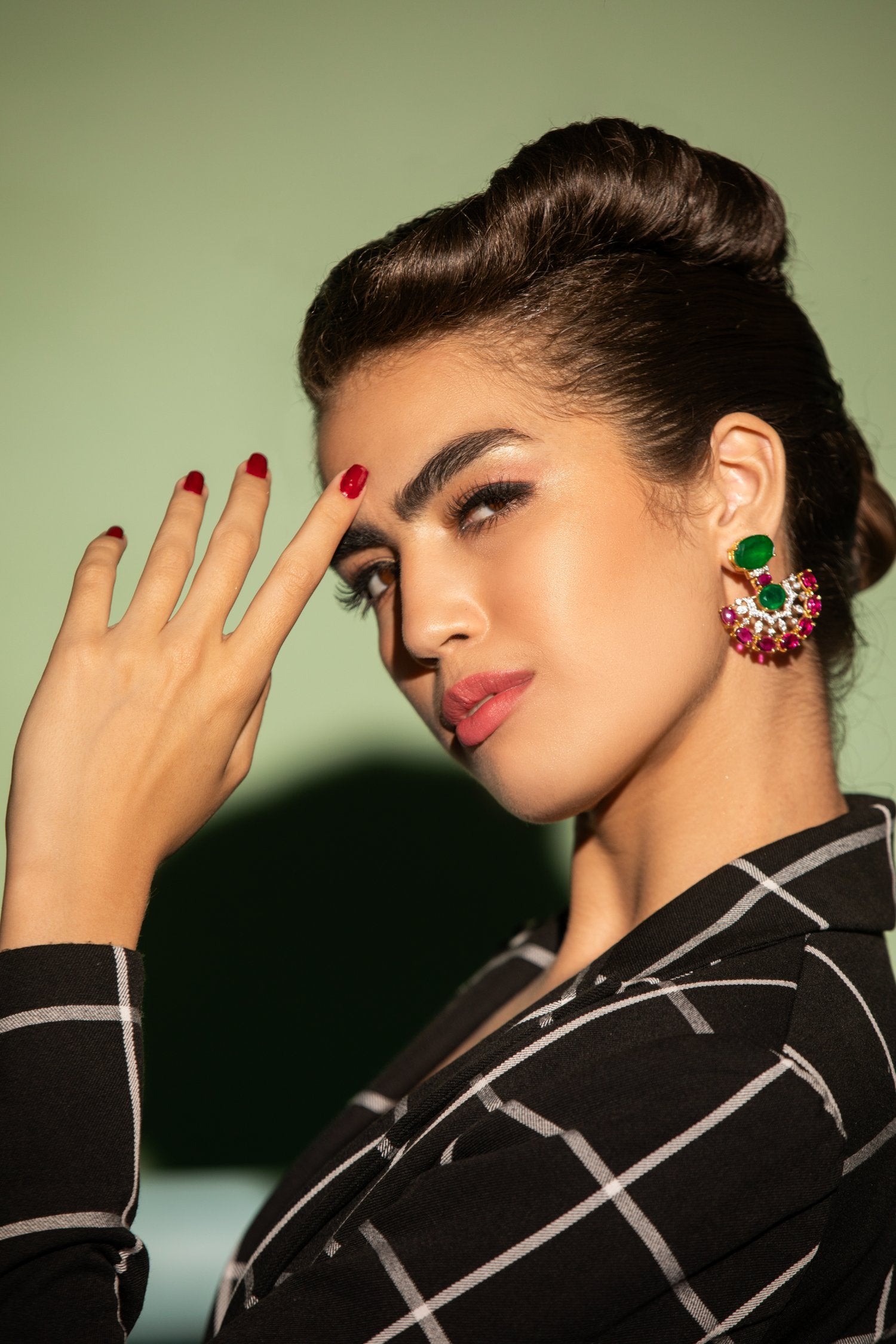 Unique Emerald And Pink Stone Swarovski Earrings