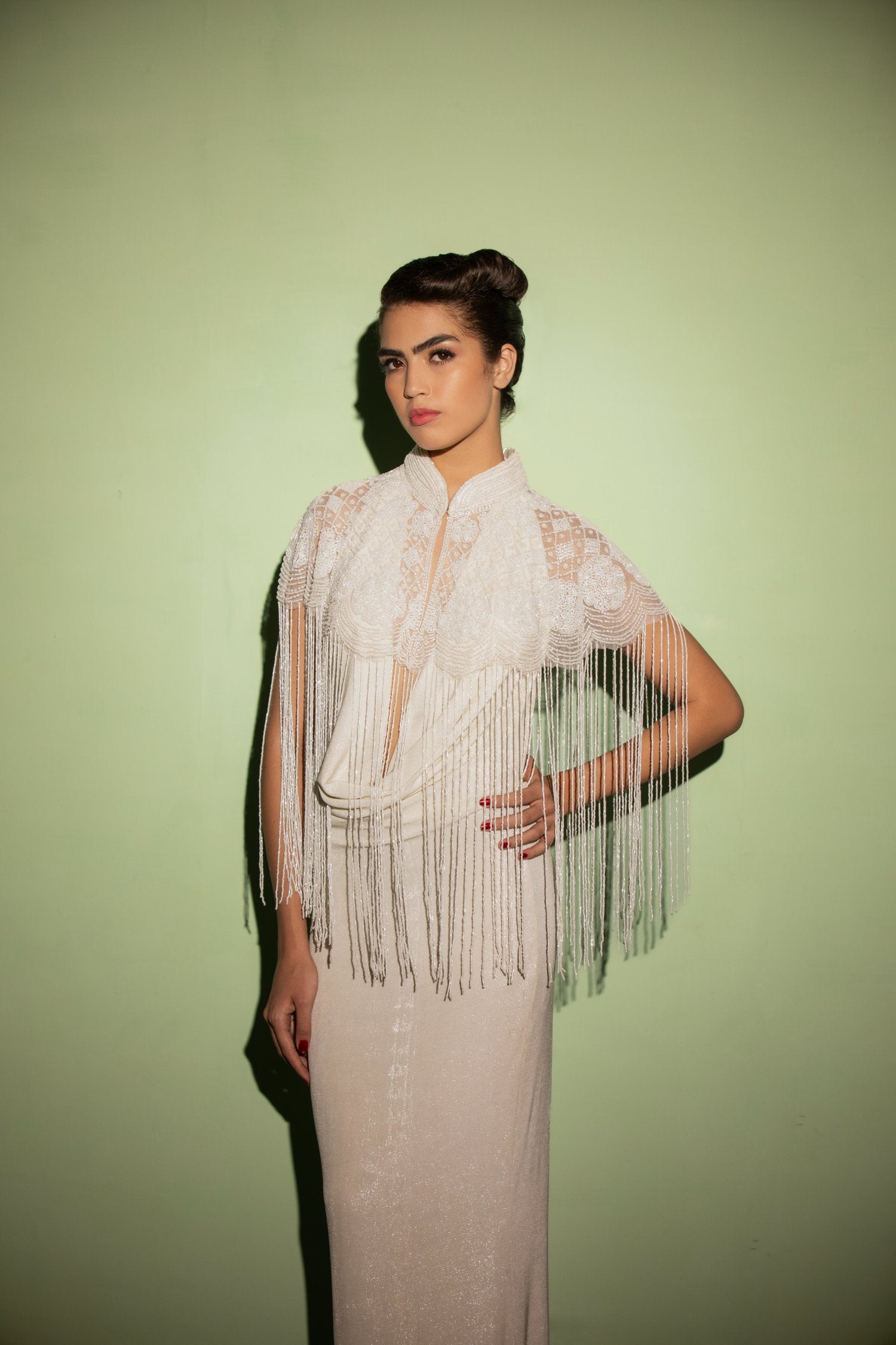 White Beaded Cape With Tassels- Ideal Cape For Sarees Or Gown
