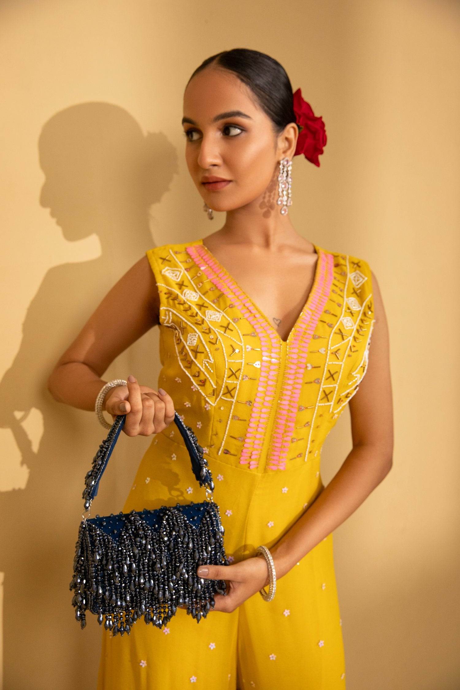 Navy Blue Beaded Party Handbag With Elegant Design