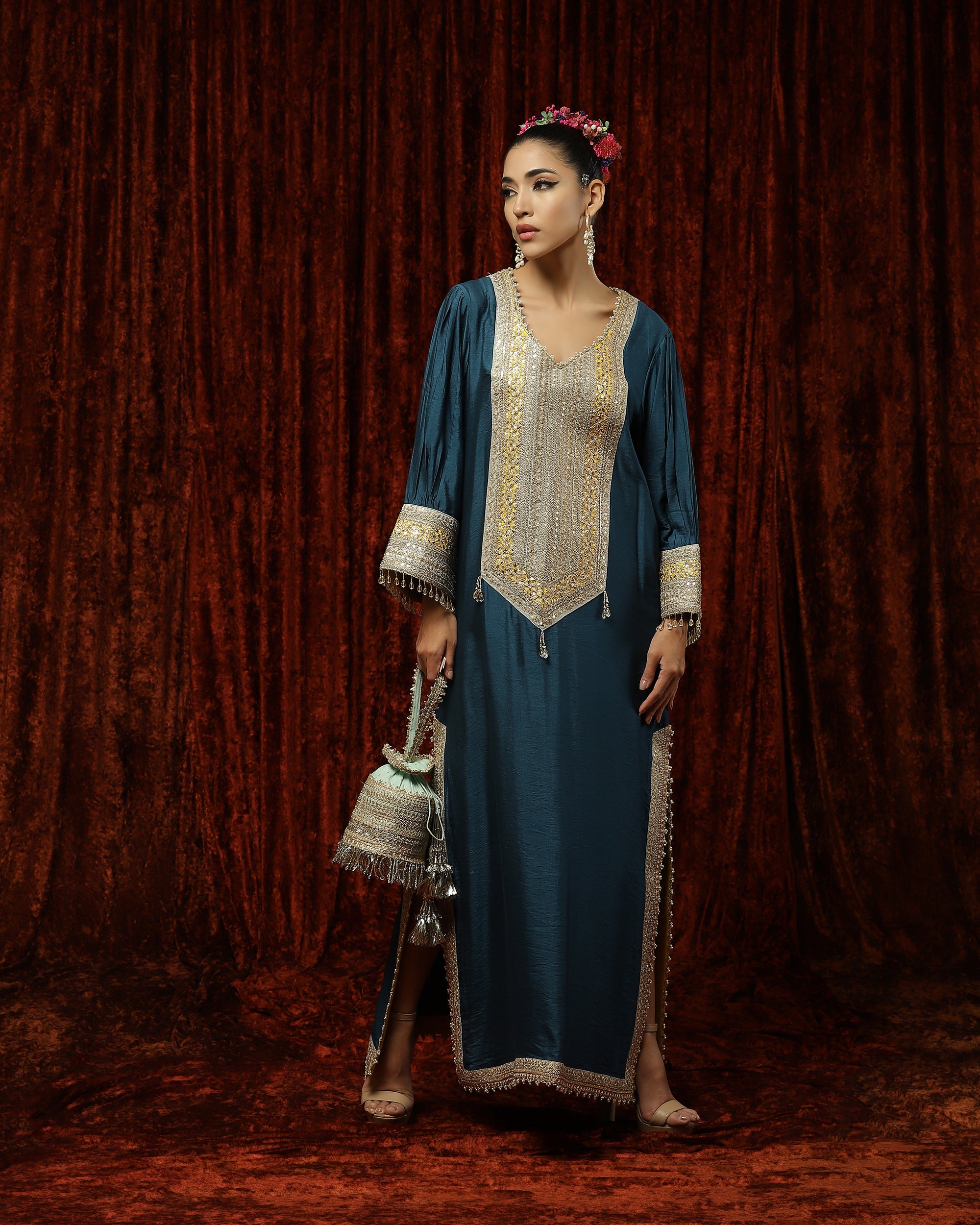 Peacock Blue, Lomon Yellow & Gray Kurta Kaftan