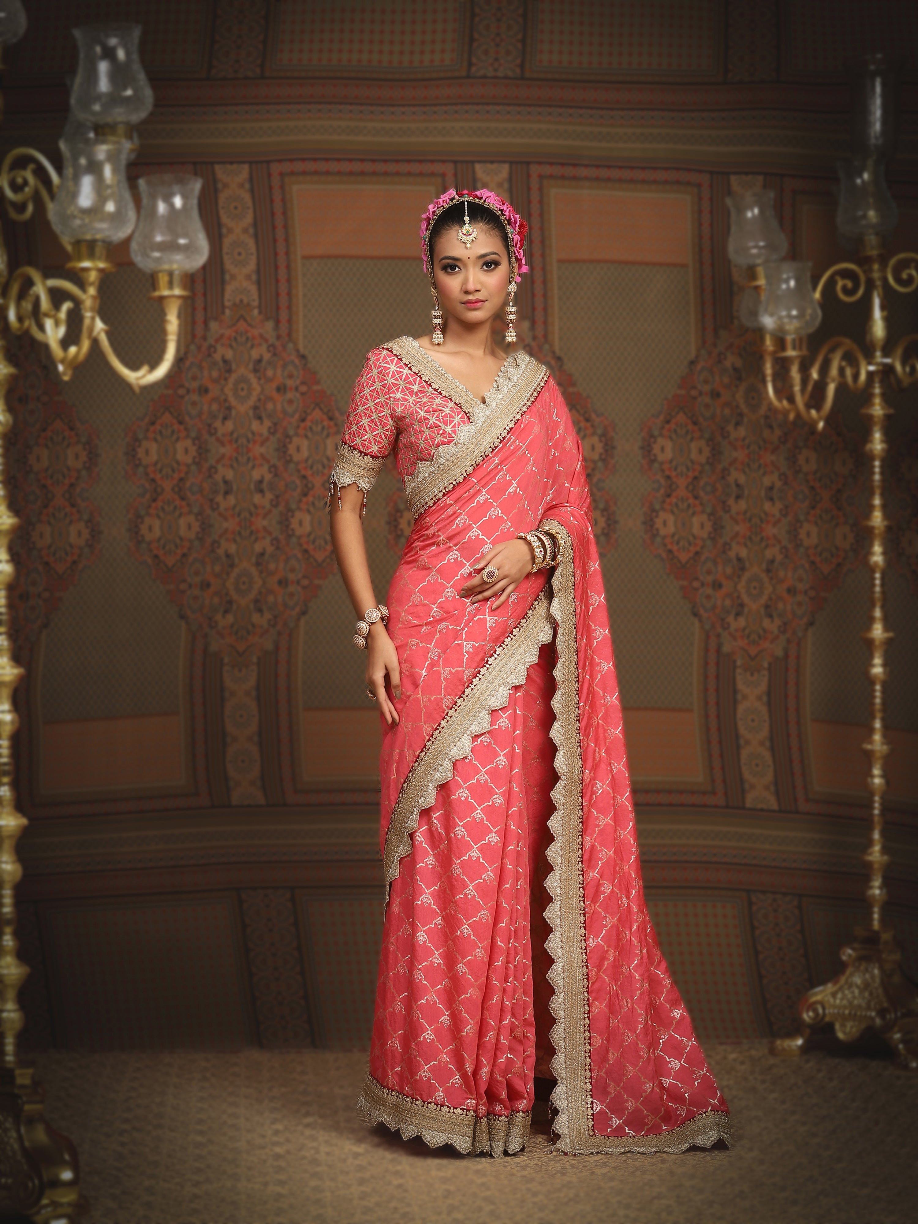 Punch Pink And Maroon Saree & Blouse Set