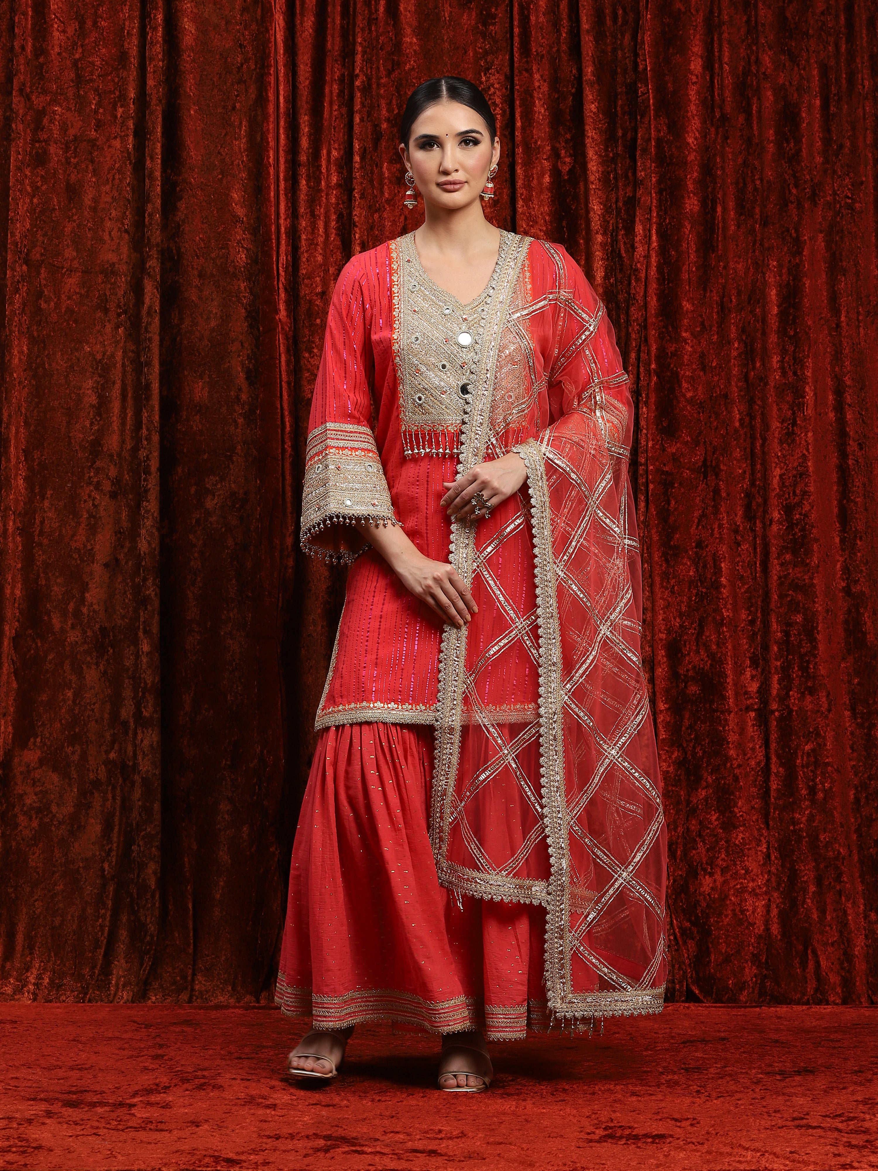 Watermelon Red & & Orange Kurta Sharara Dupatta Set