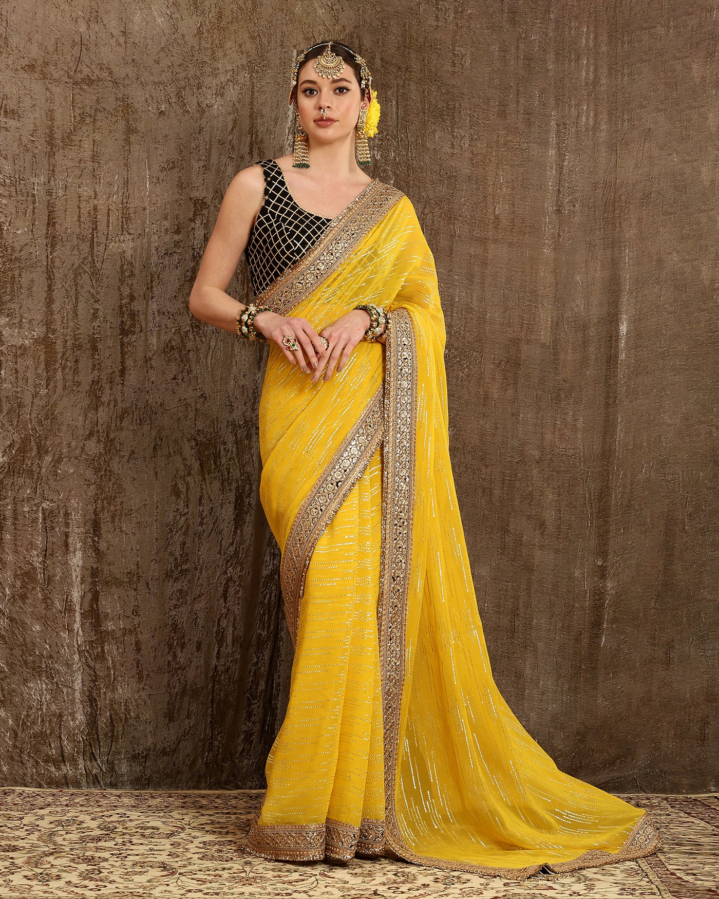 Yellow & Black Saree & Blouse Set