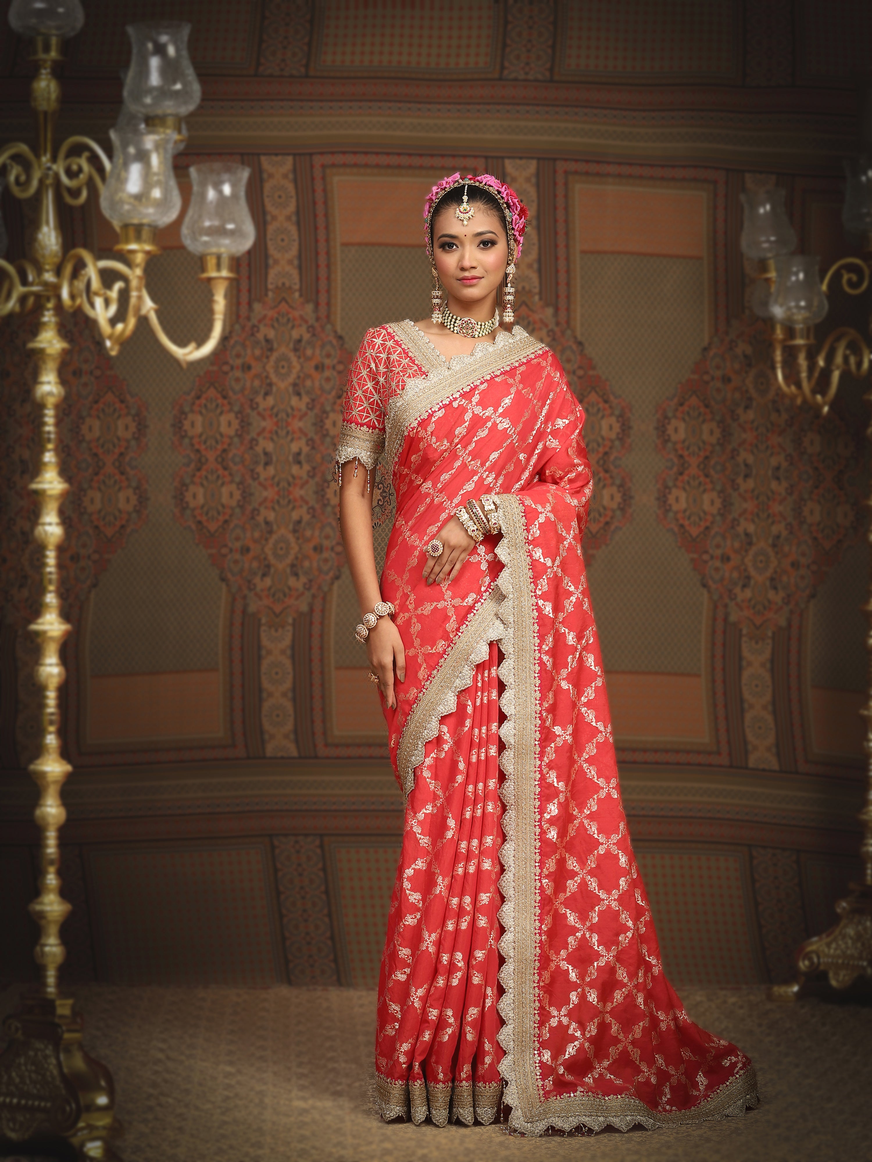 Watermelon Red And Red Saree & Blouse Set