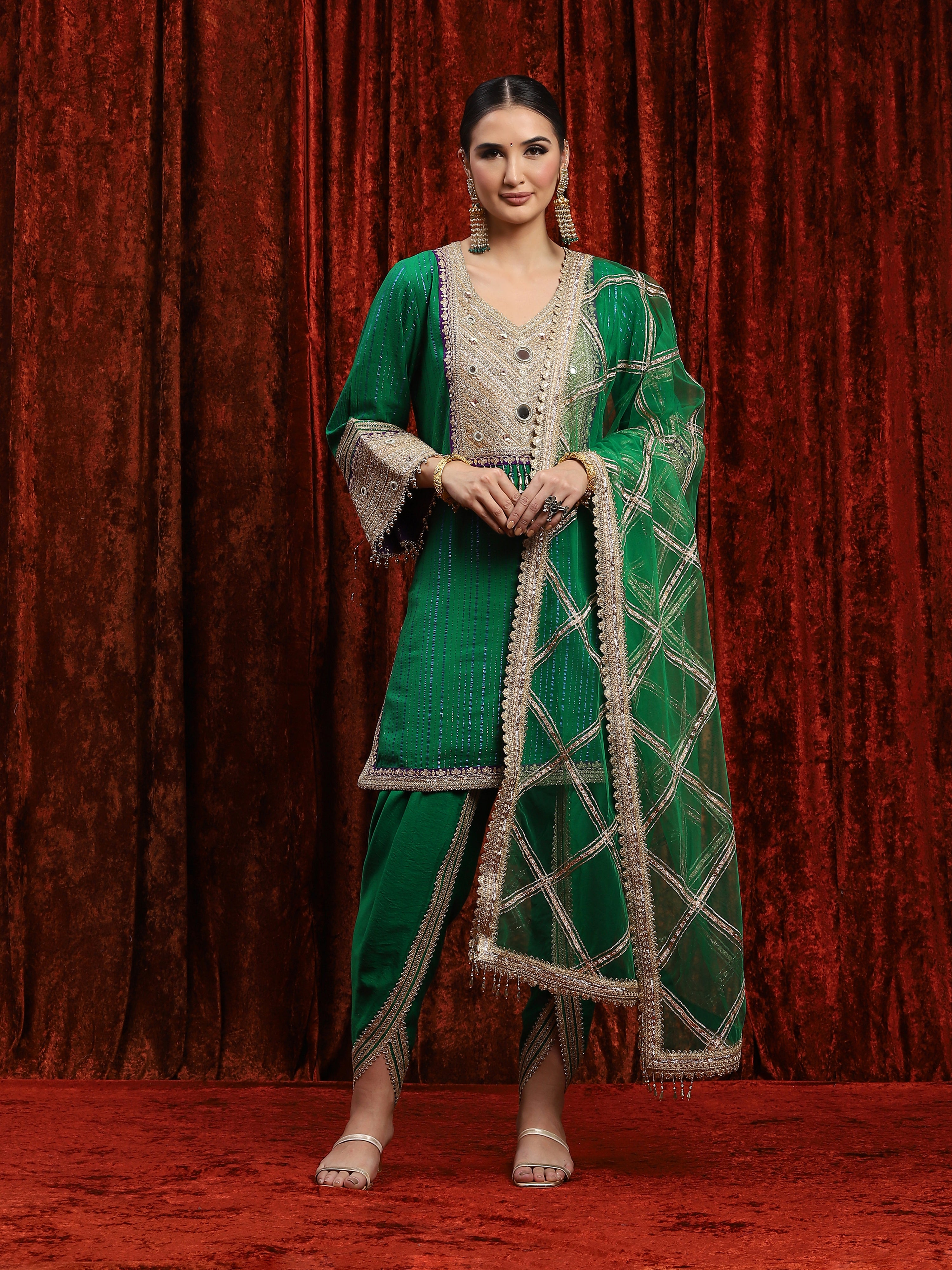 Green & Purple Kurta Tulip Pants Dupatta Se