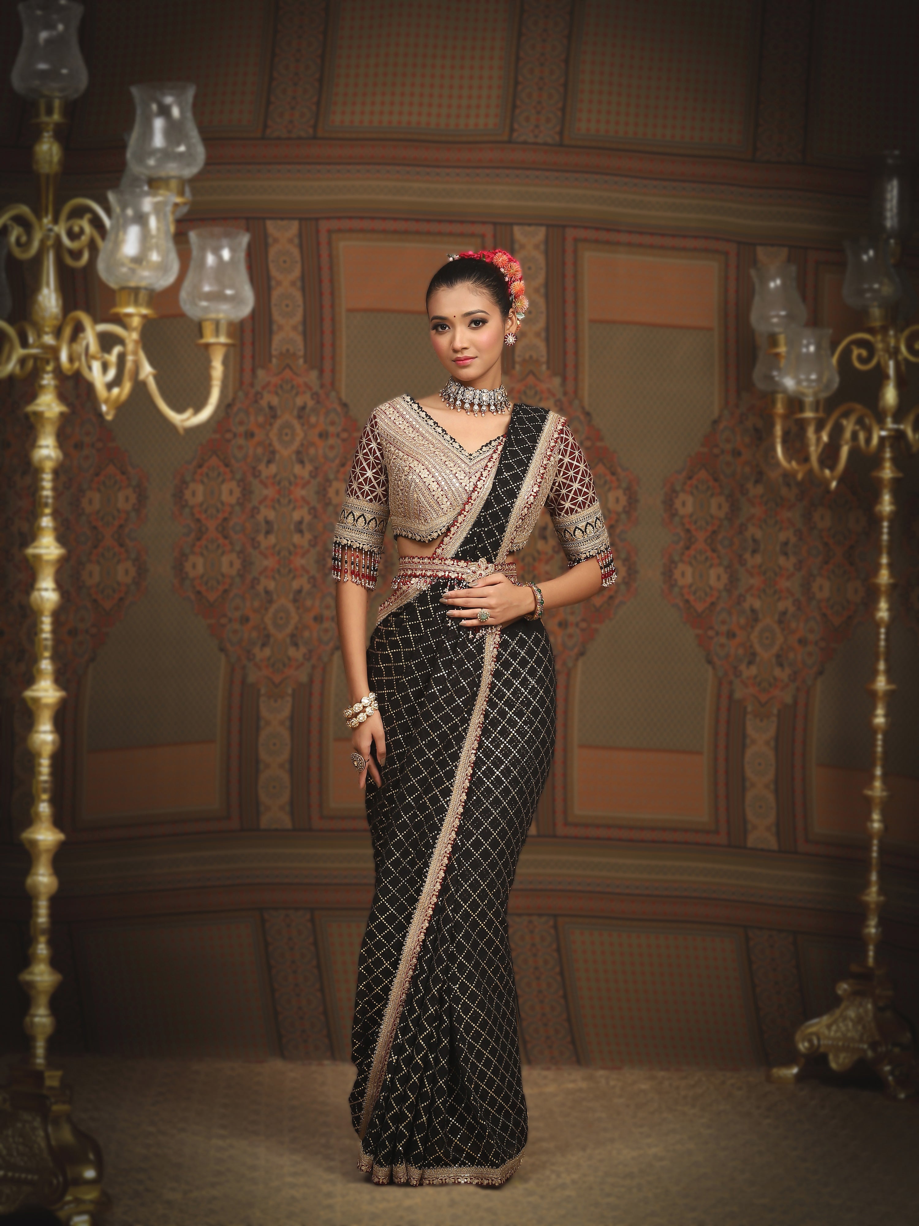 Black And Maroon Saree & Blouse Set