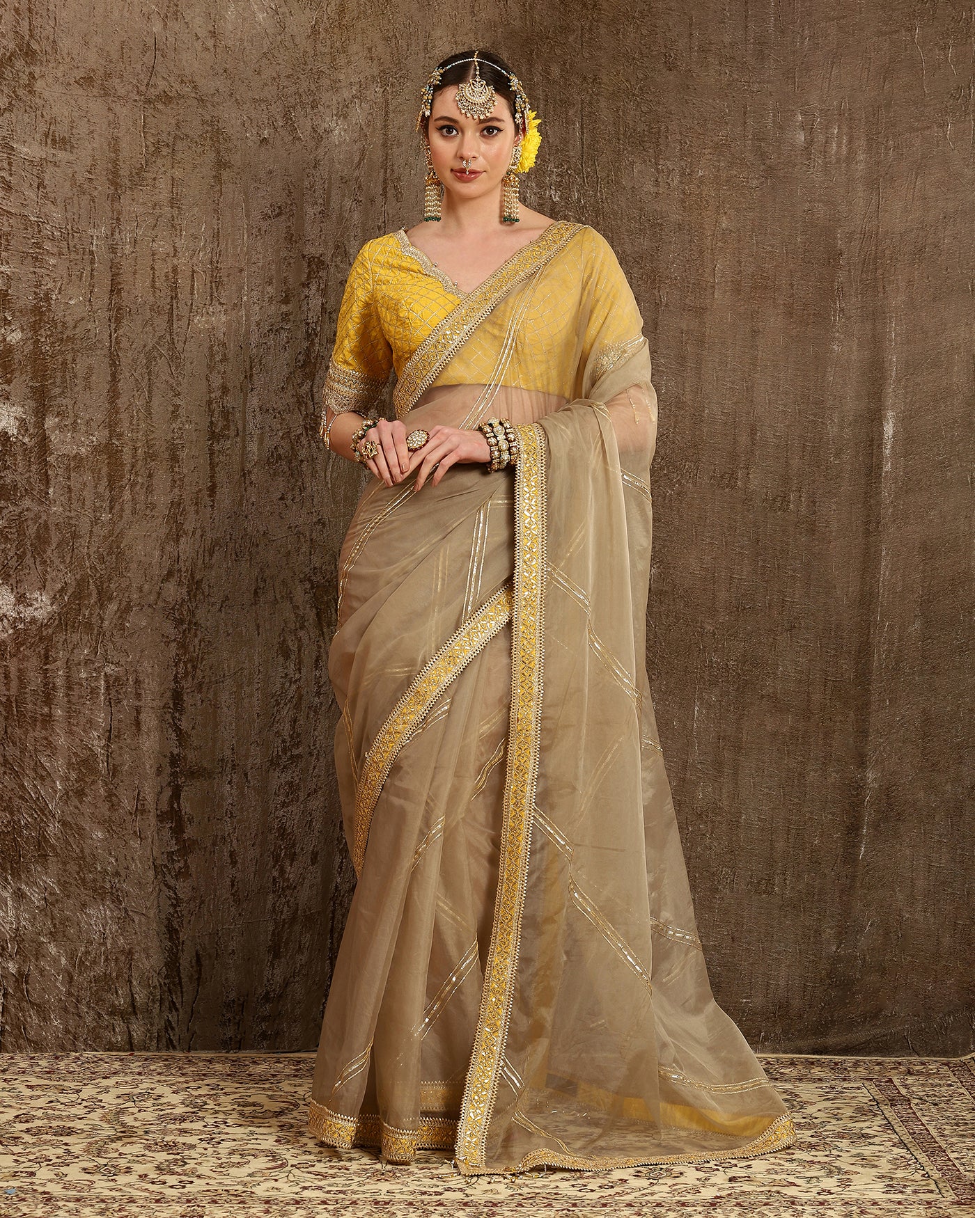 Yellow & Mouse Saree & Blouse Set