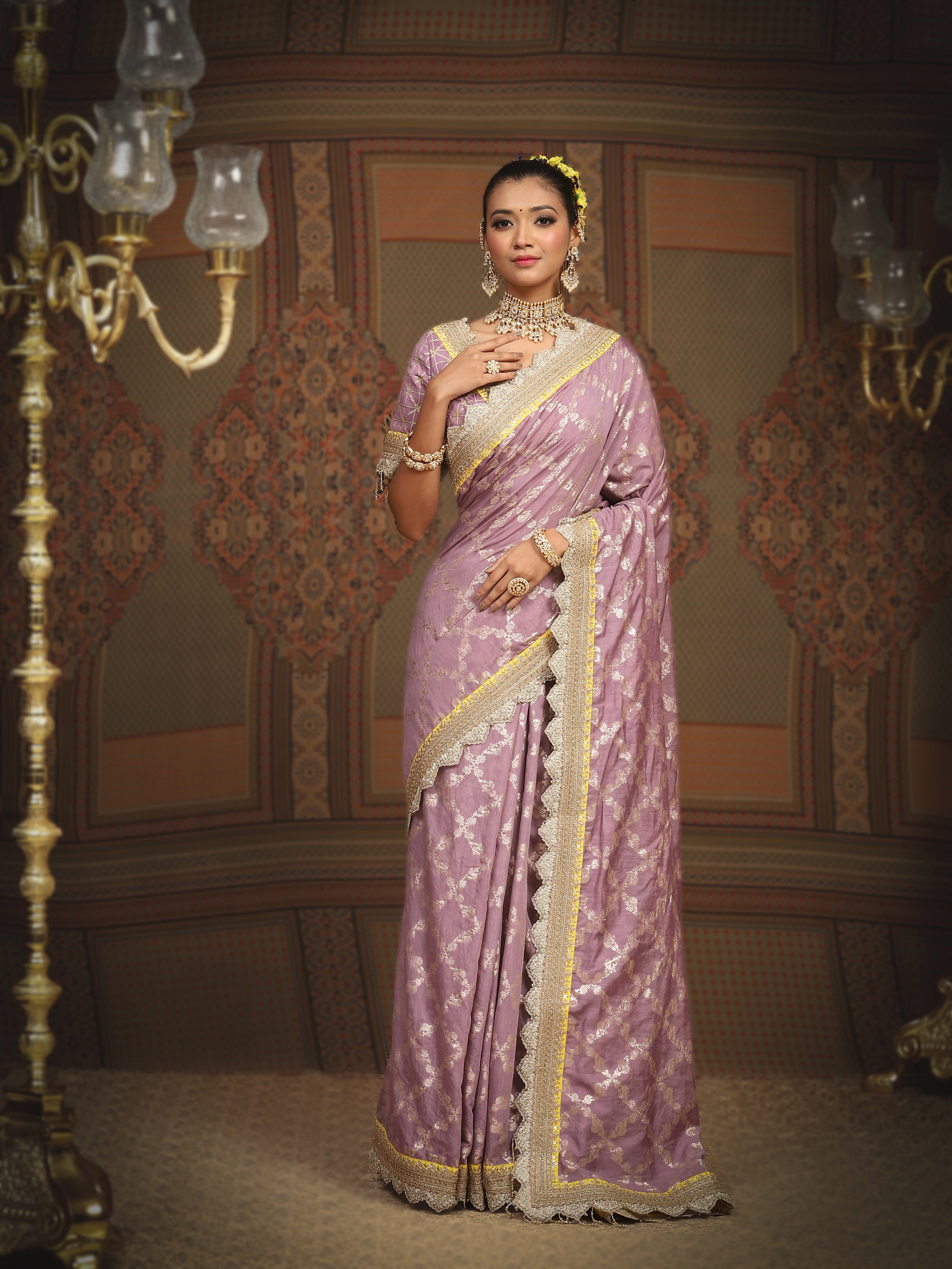 Light Purple And Lemon Yellow Saree & Blouse Set