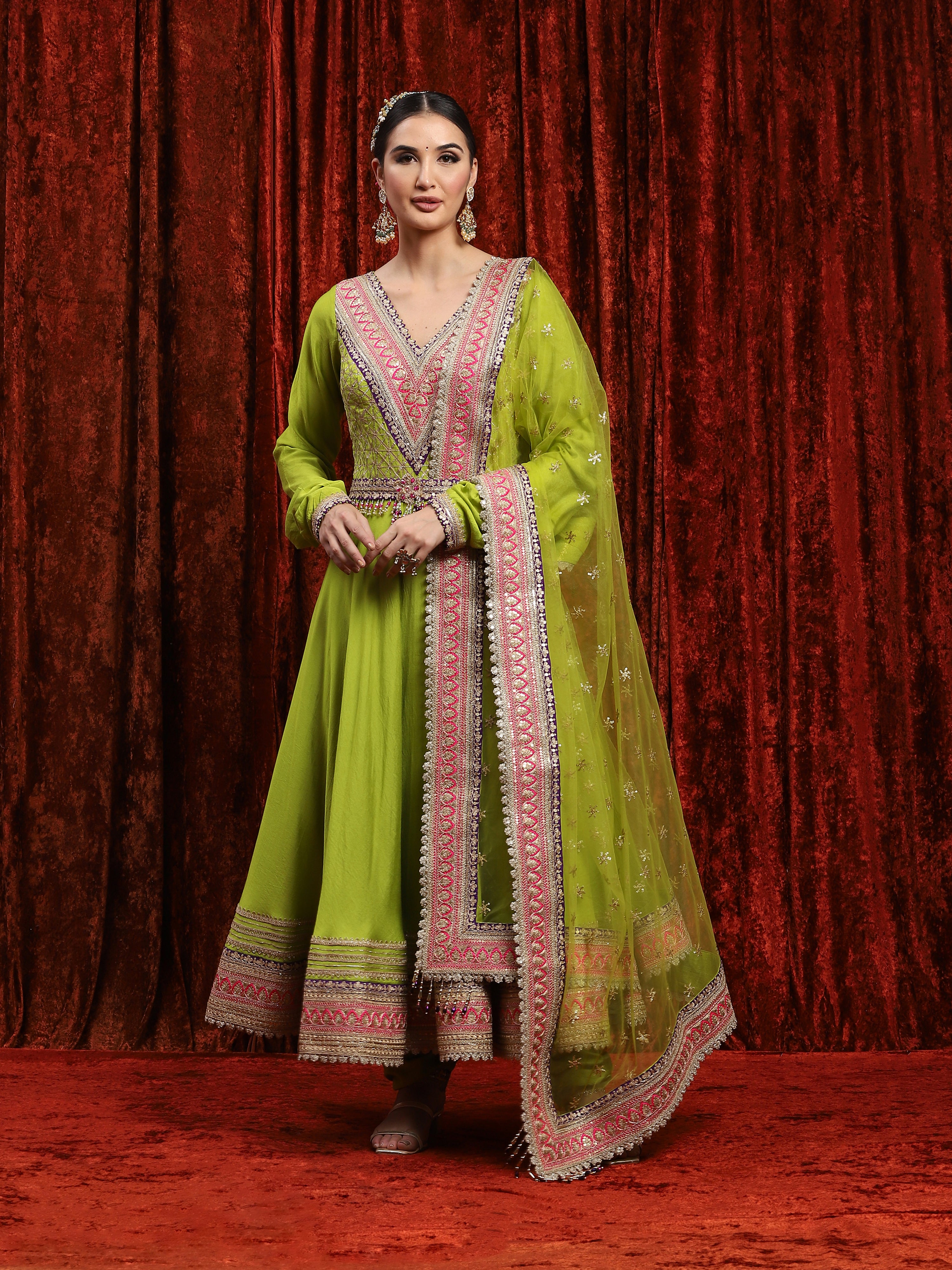 slim fit dress slacks Green Embroidered Silk Anarkali main image 0