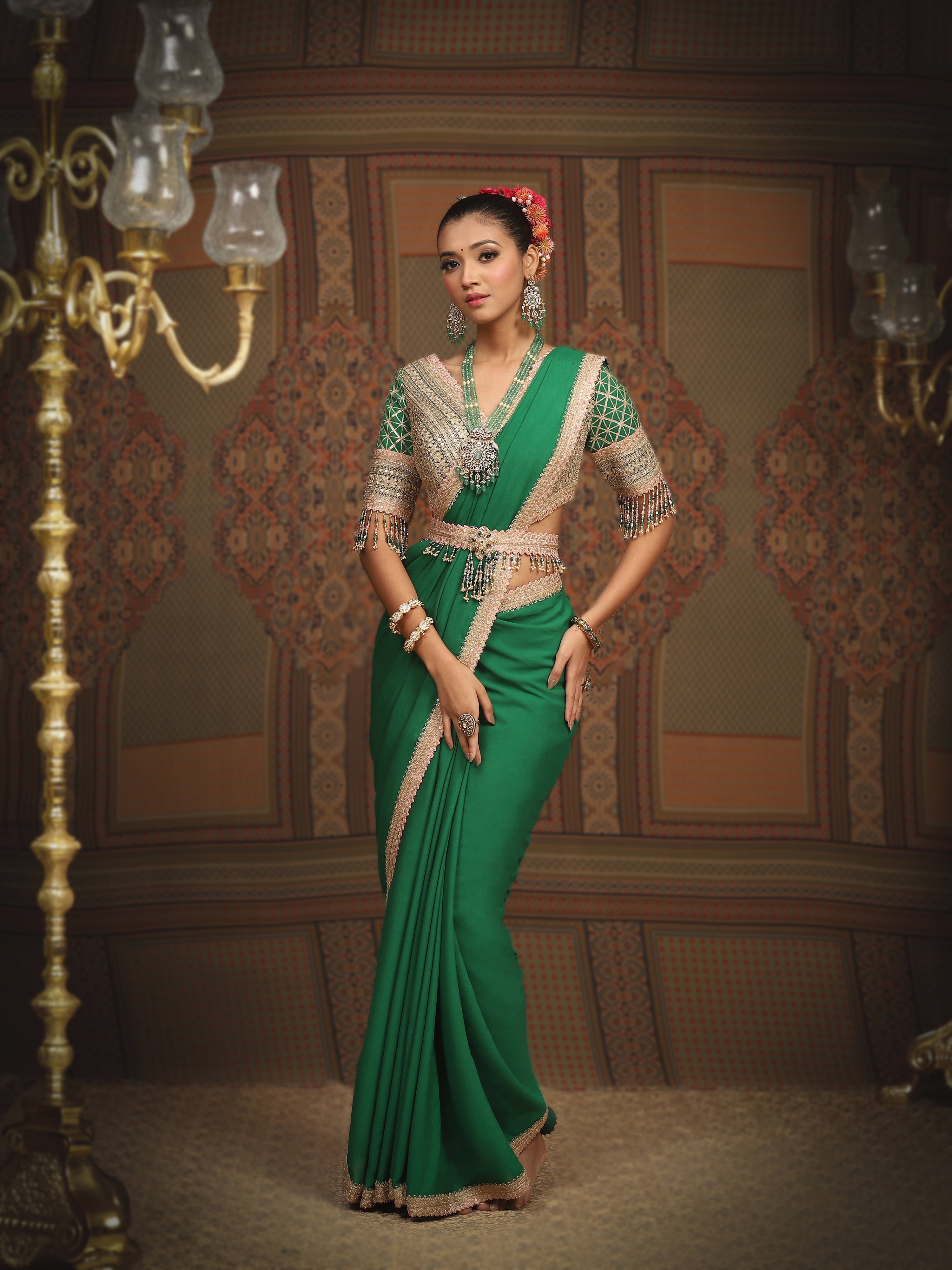 Emerald Green And Baby Pink Saree & Blouse Set