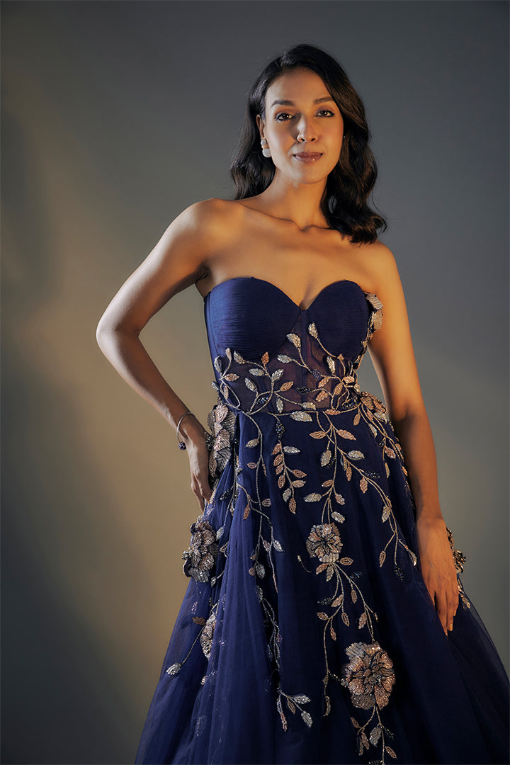 Navy Blue 3D Embroidered Gown