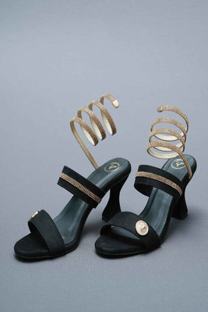 Open Toe Black Heels with Champagne Gold Spring
