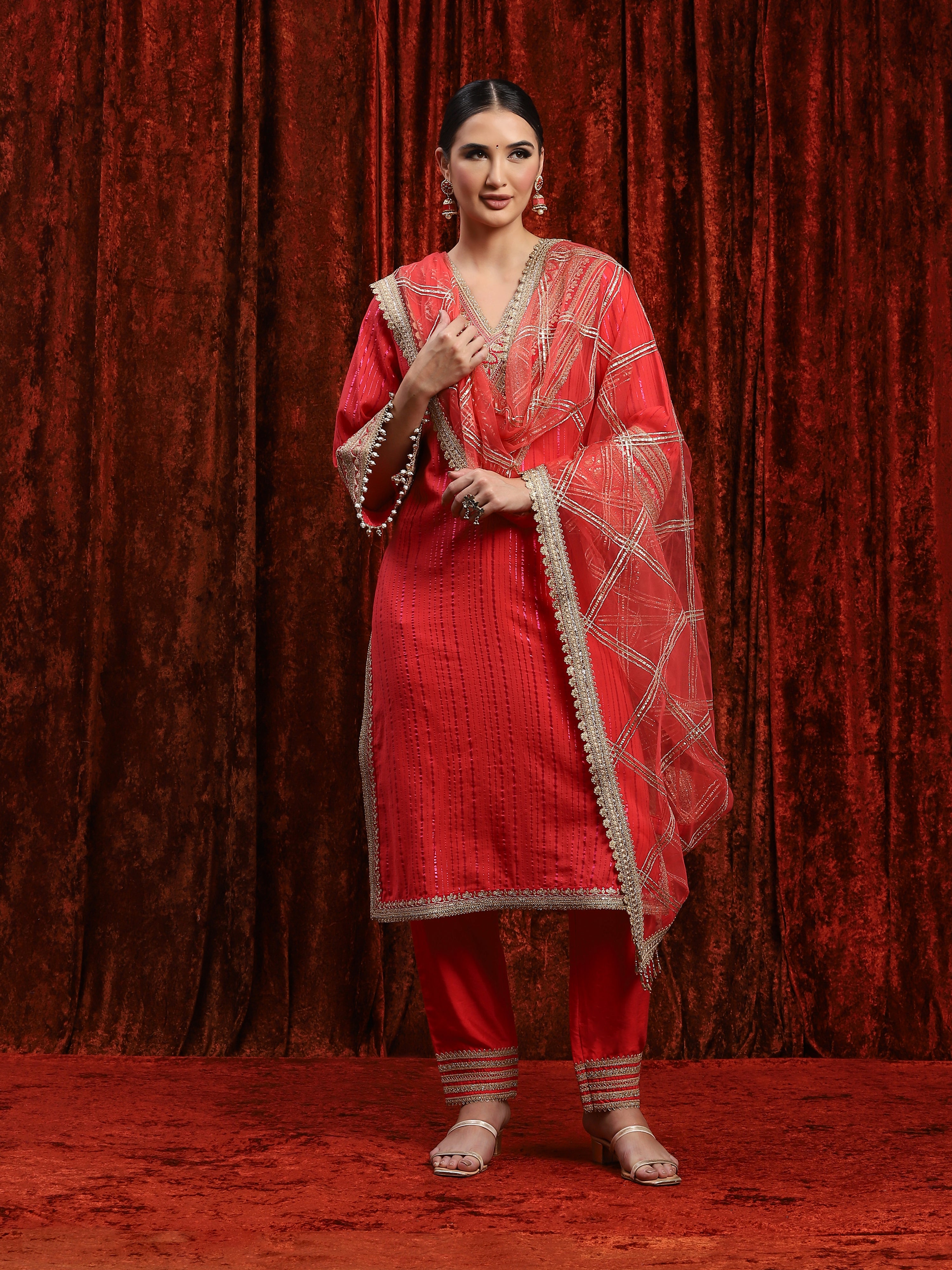 Watemelon Red & Rani Pink Kurta Pant Dupatta Set
