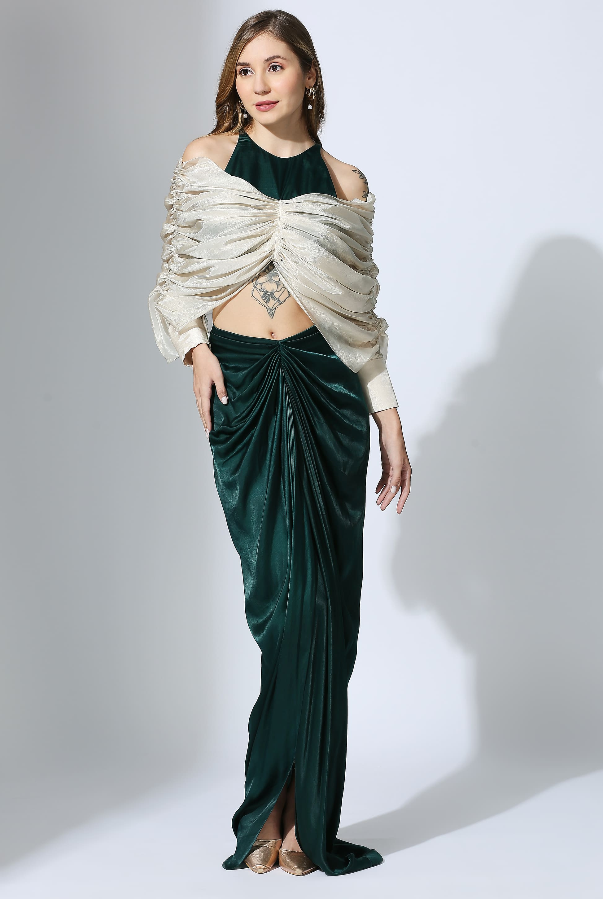 Bottle Green Drape Skirt Set With Tissue Blouse