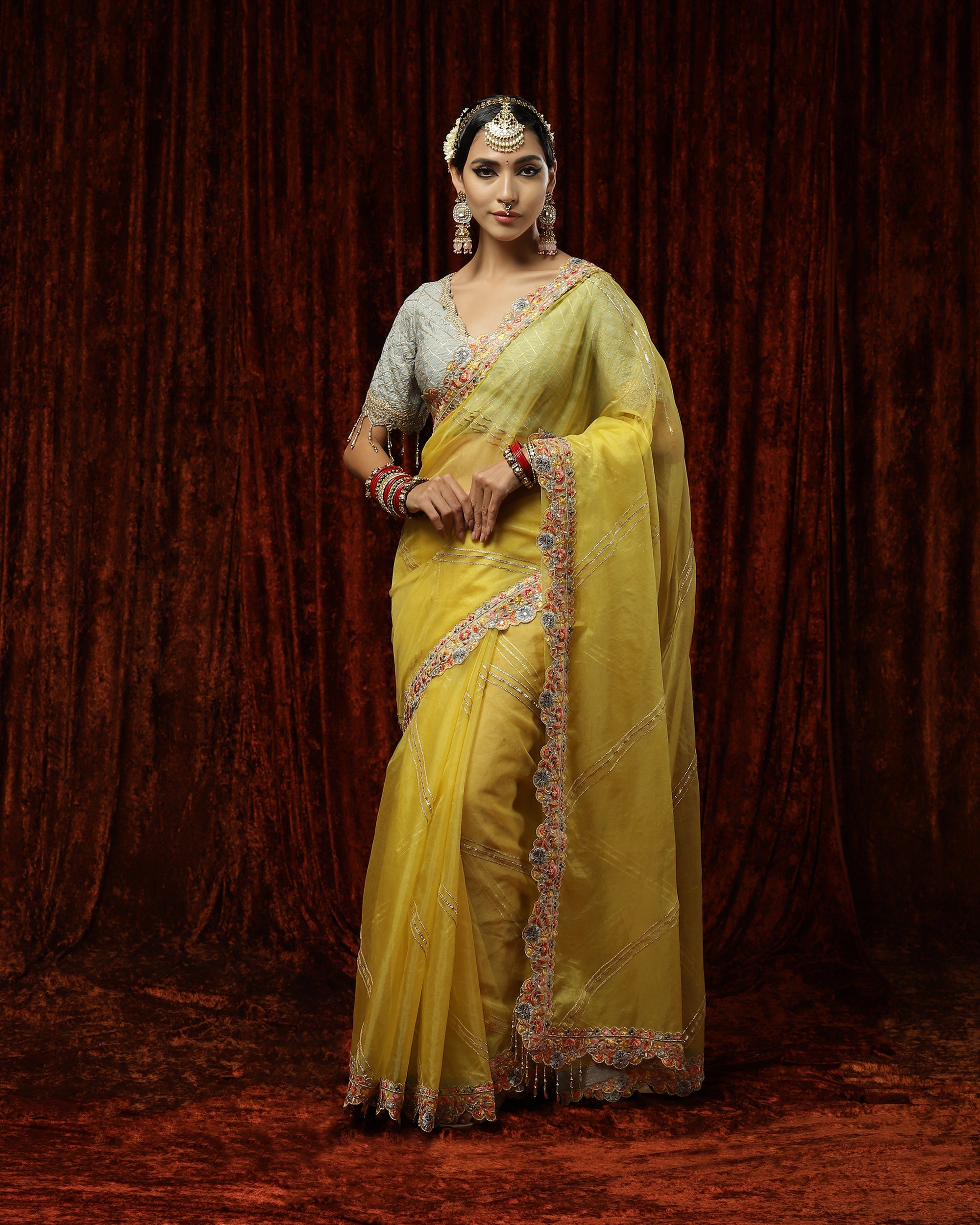 Yellow & Gray Saree & Blouse Set
