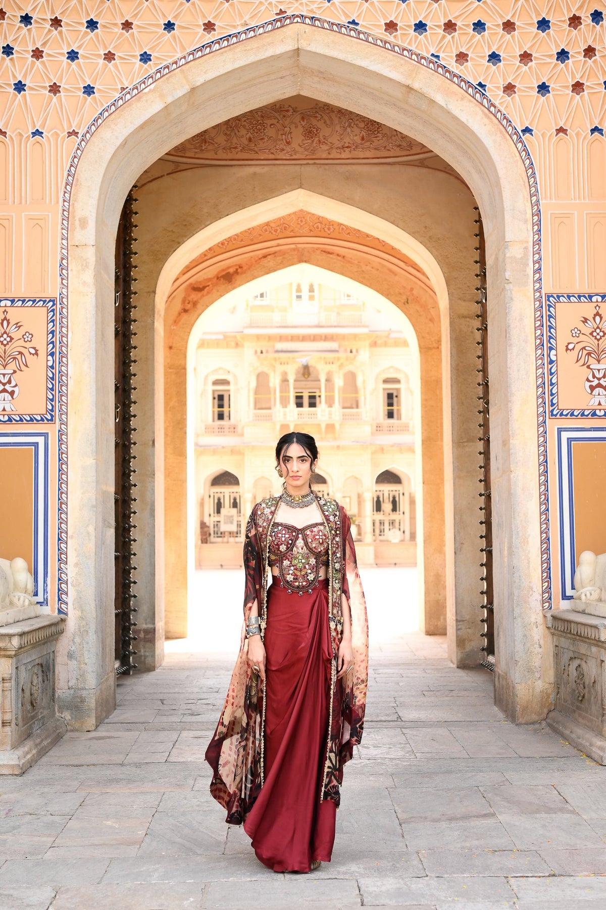Maroon Dhoti Skirt + Bralatte Emb + Cape