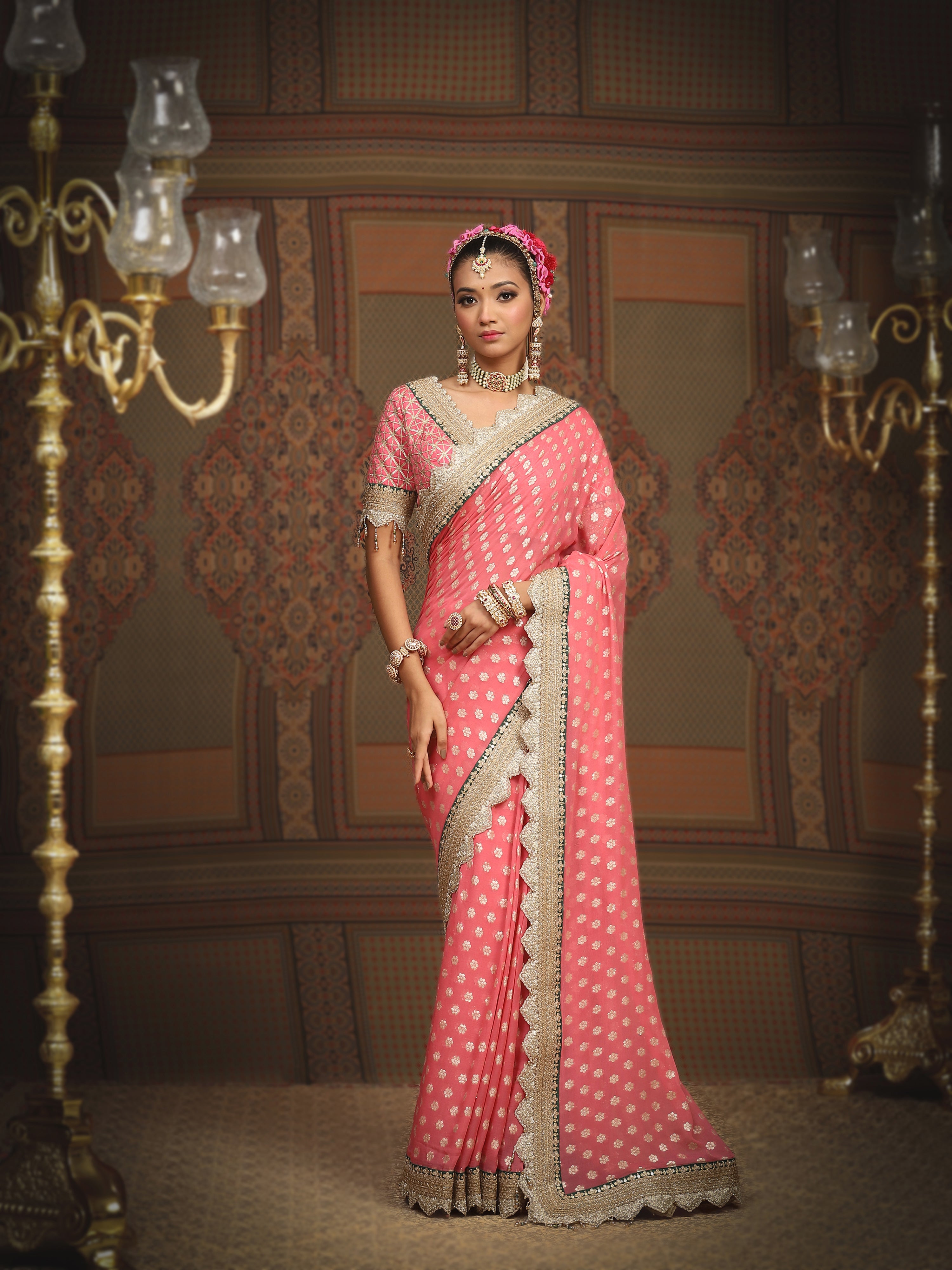 Rouge Pink And Emerald Green Saree & Blouse Set