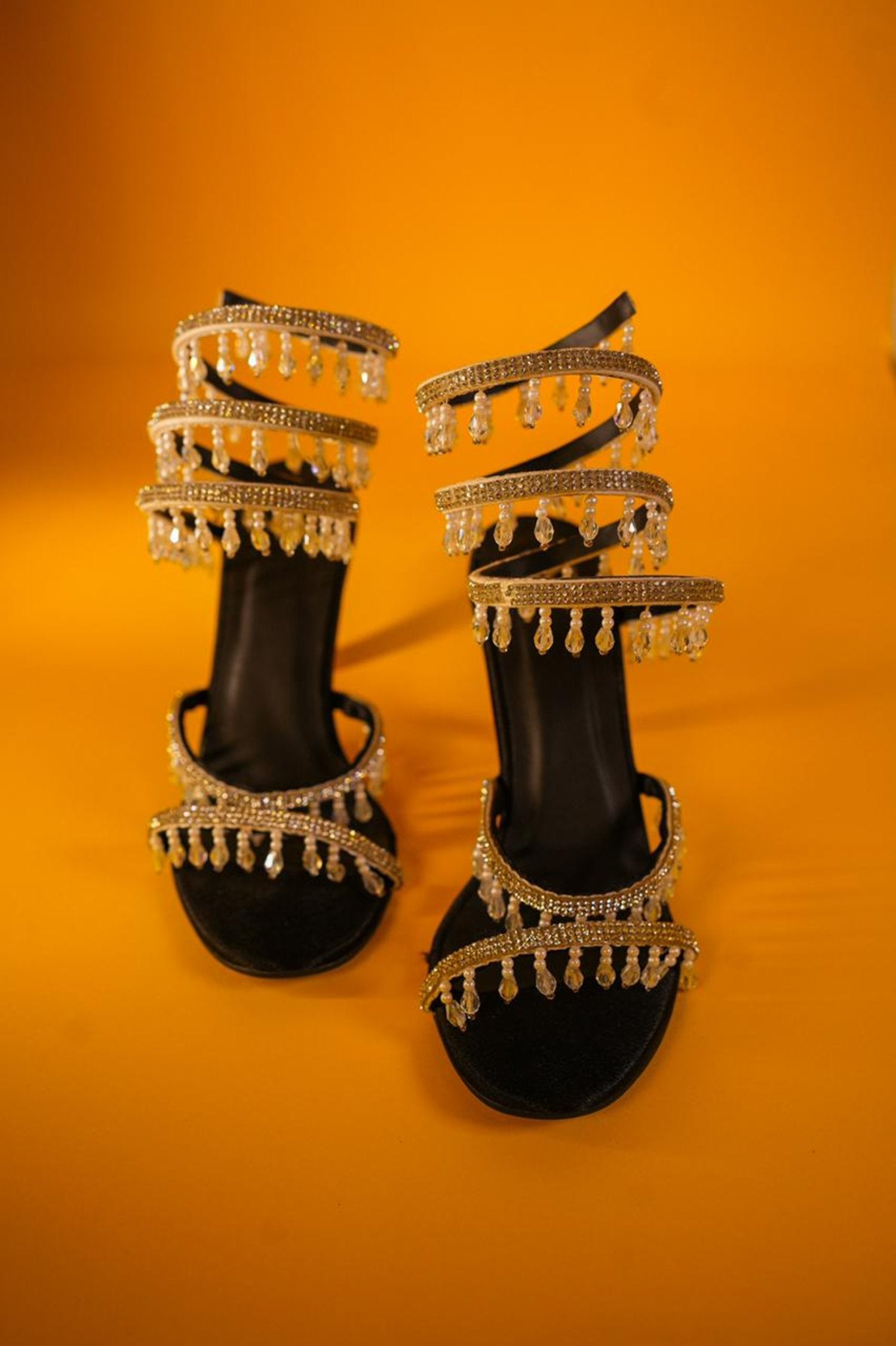 Open Toe Black Silver Spring With Emblishment Heel Sandal