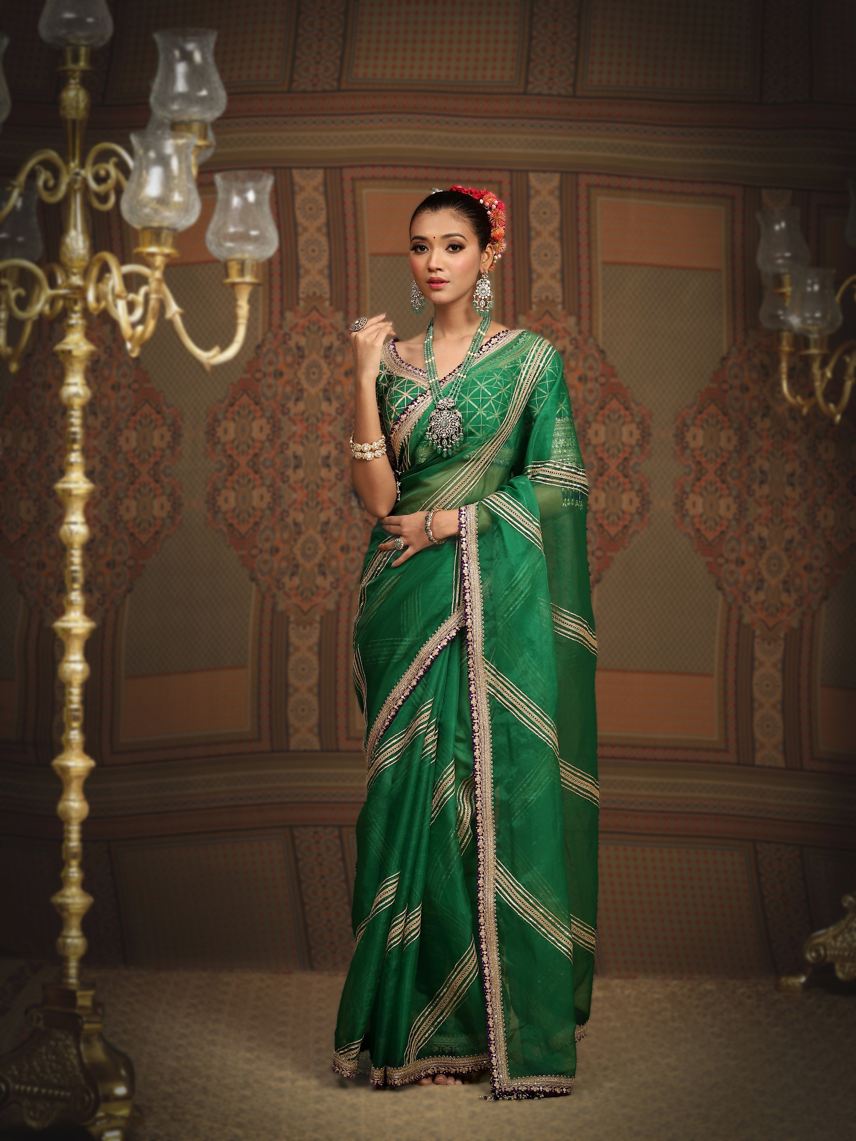 Emerald Green An Purple Saree & Blouse Set
