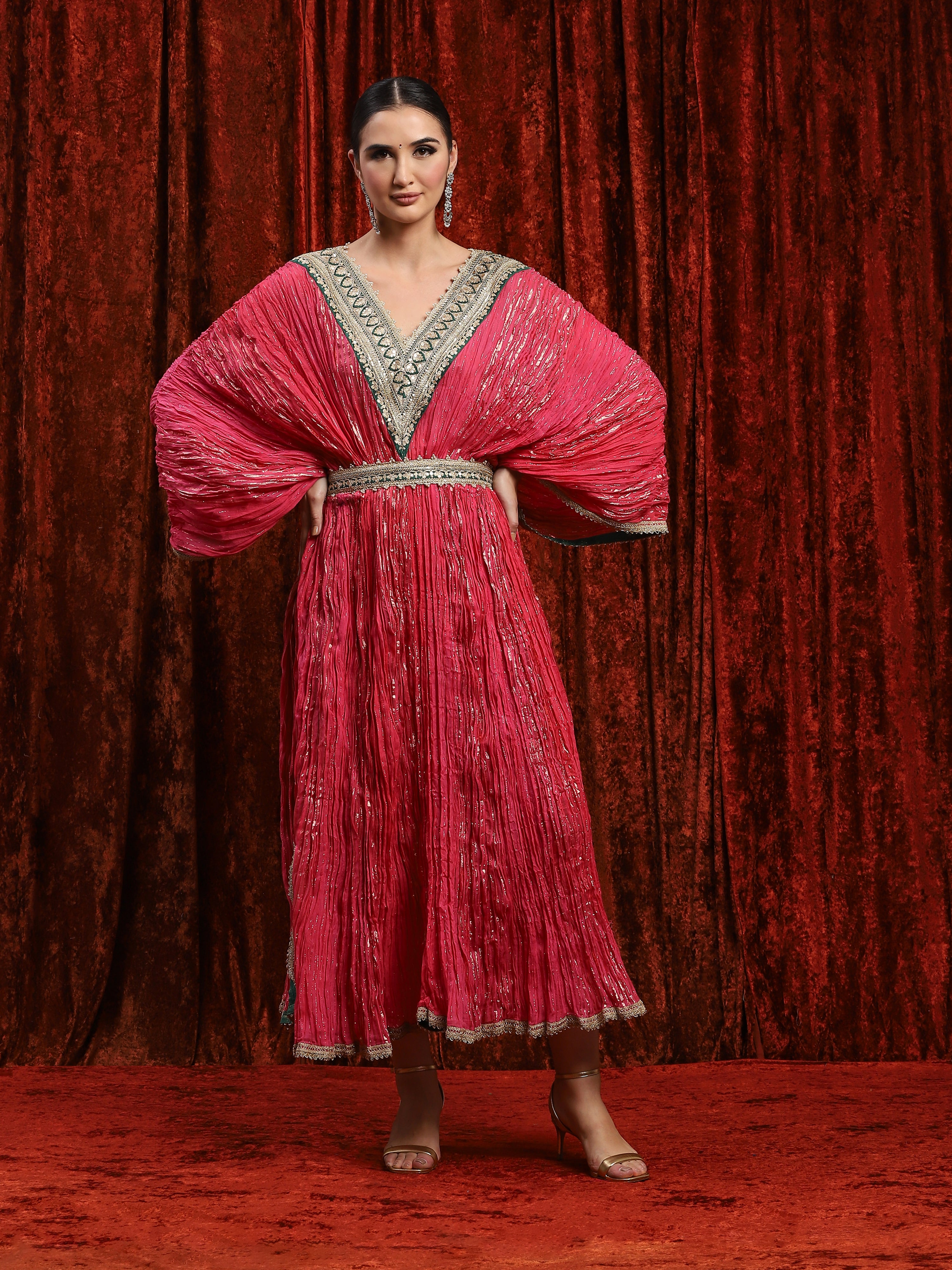 Punch Pink & Emerald Green Crinkle Kaftan & Belt Set