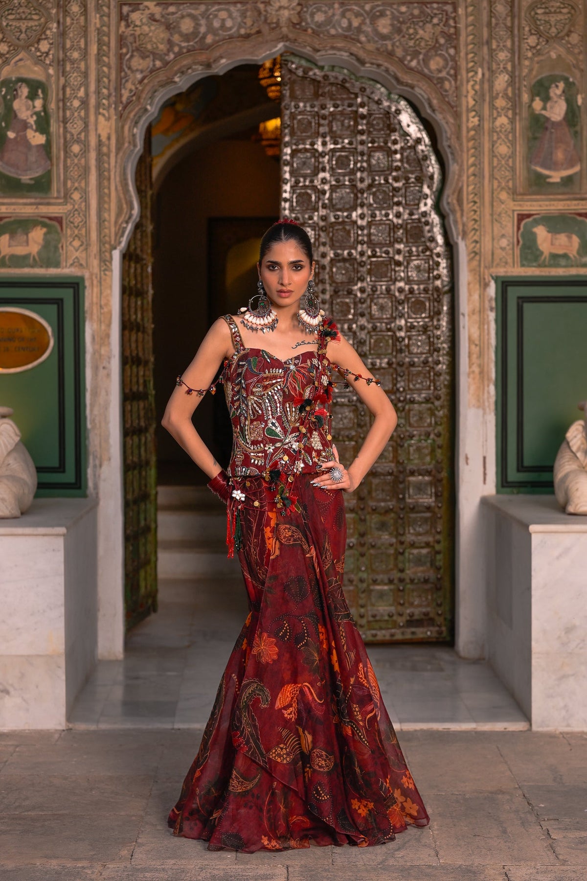 Printed Tassle Saree With Emb Corset