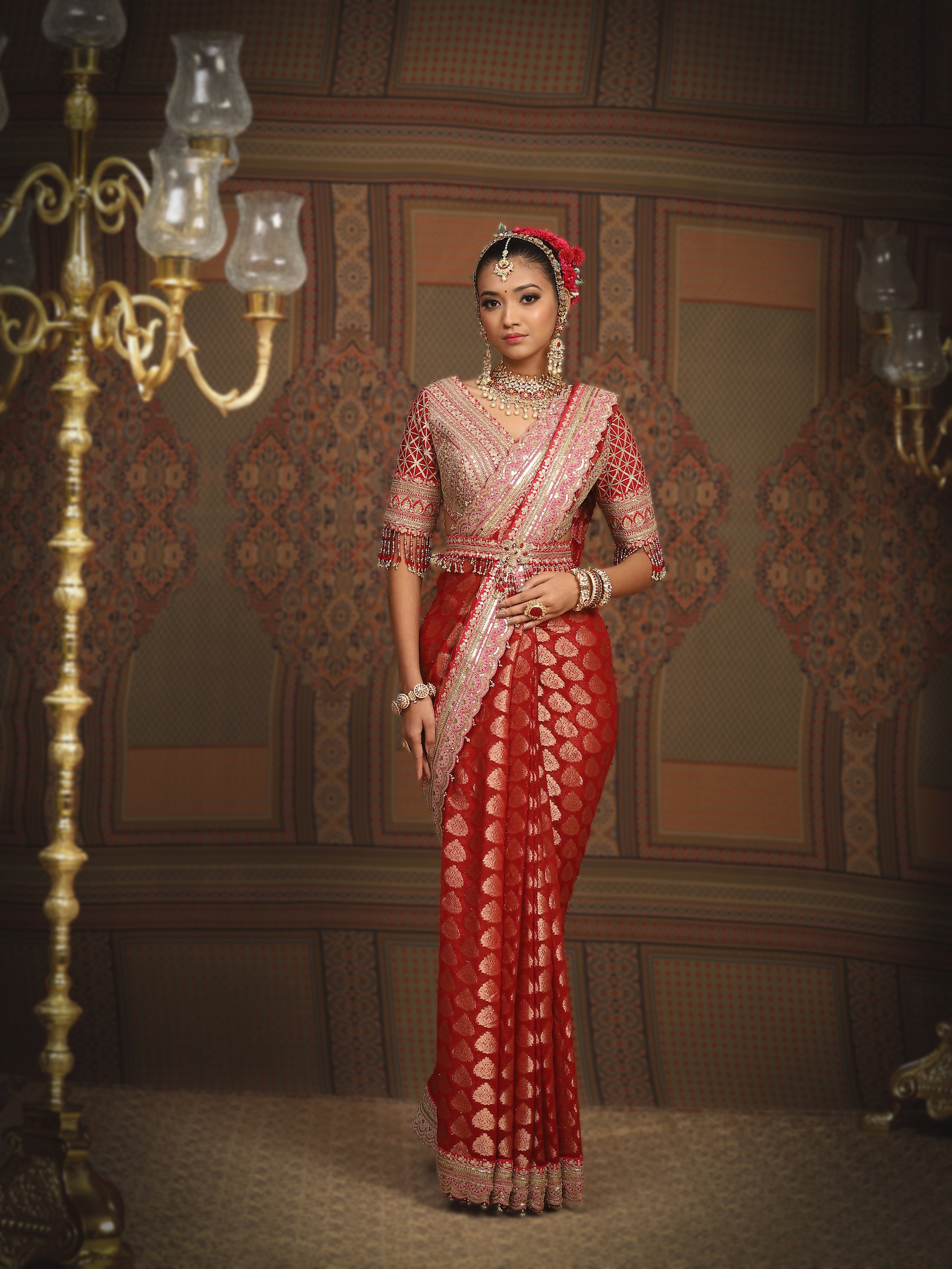 Red And Rani Guccha Saree & Blouse Set