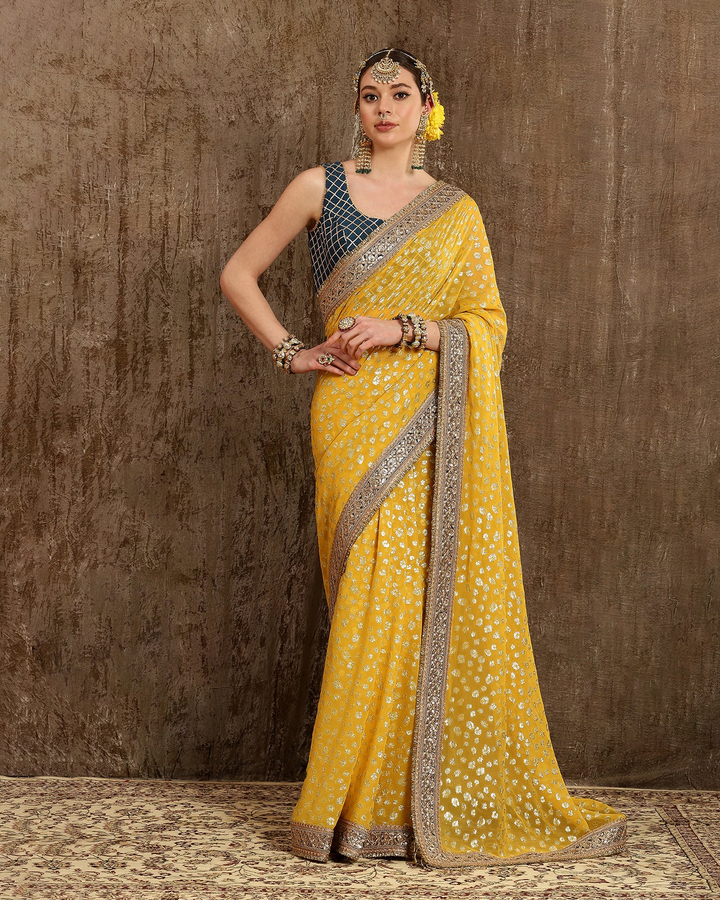 Lime yellow & Cobalt blue Saree & Blouse Set