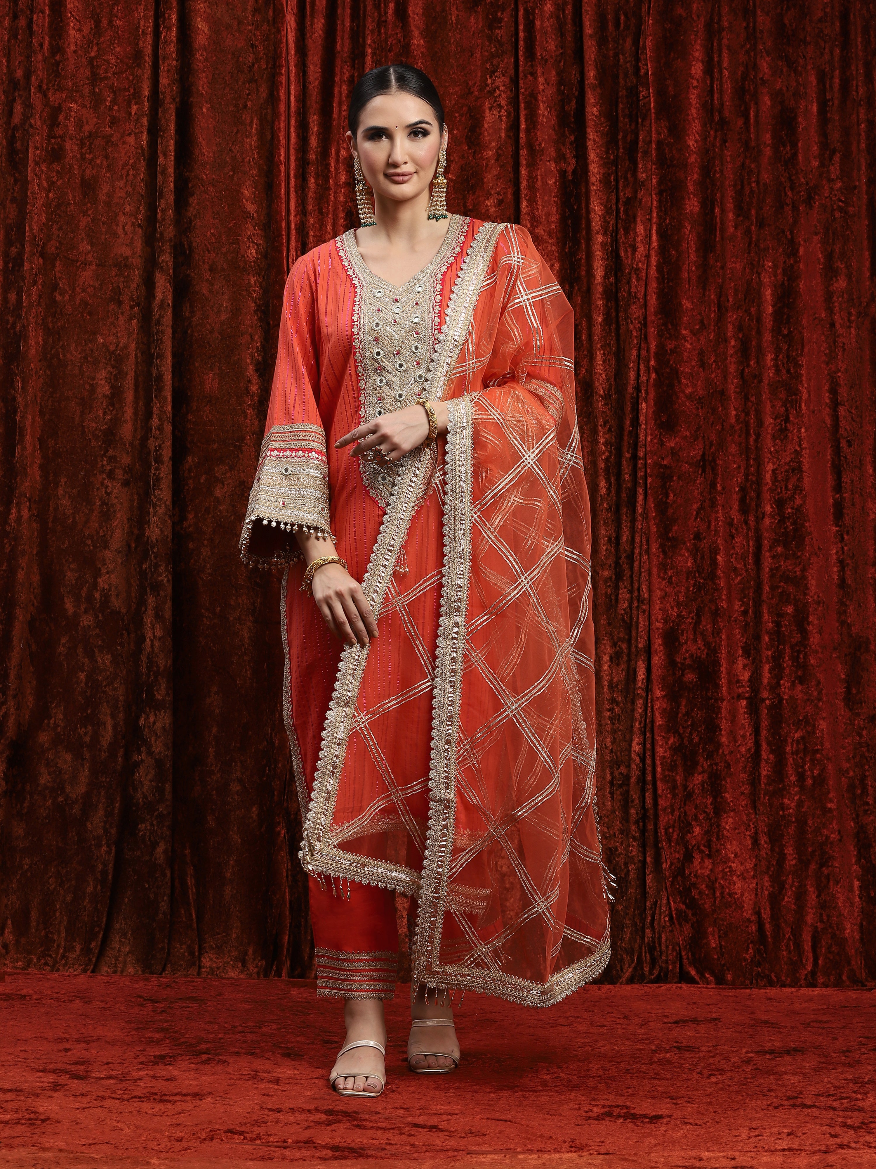 Orange & Rani Pink Kurta Pant Dupatta Set