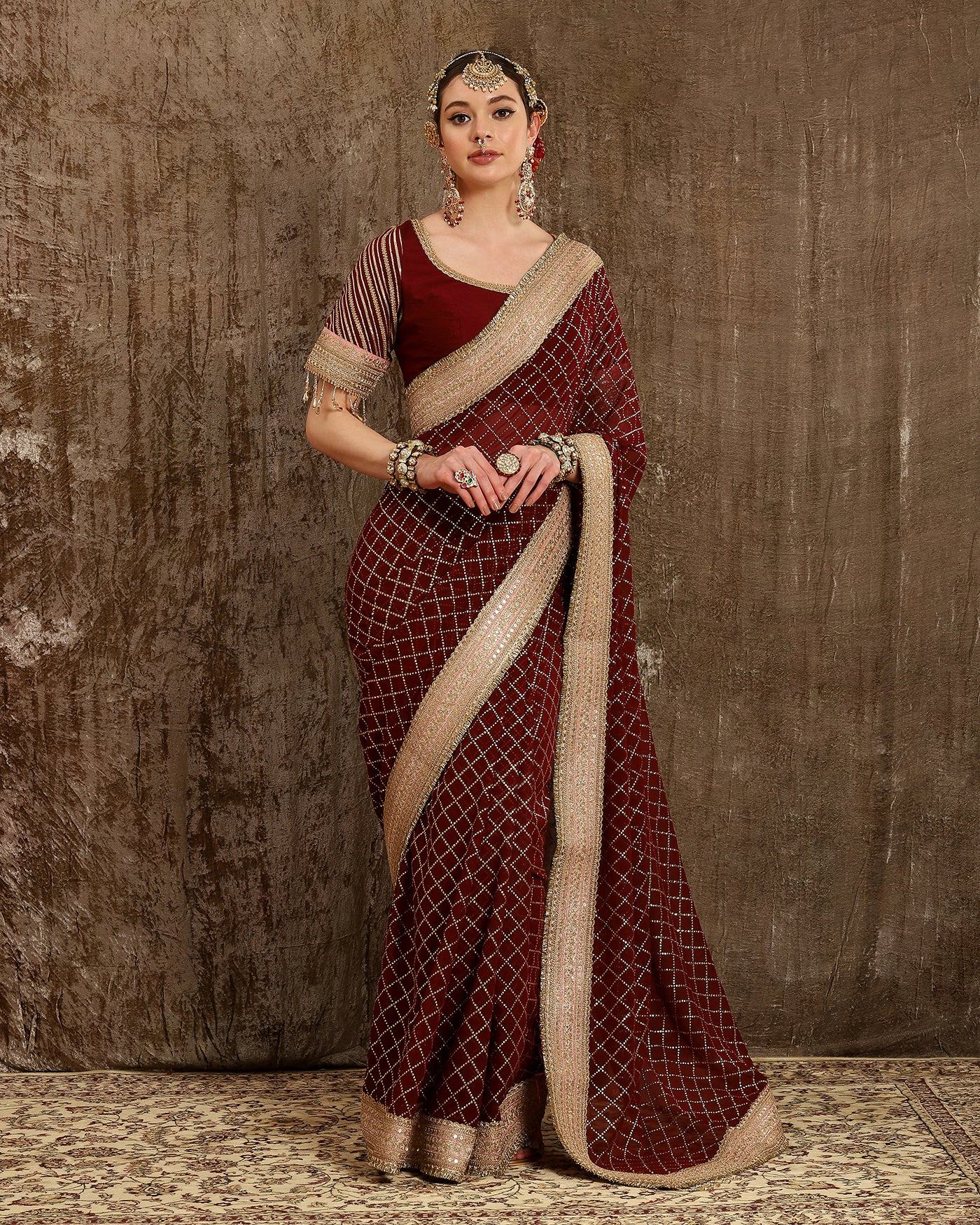 Baby Pink & Maroon Saree & Blouse Set