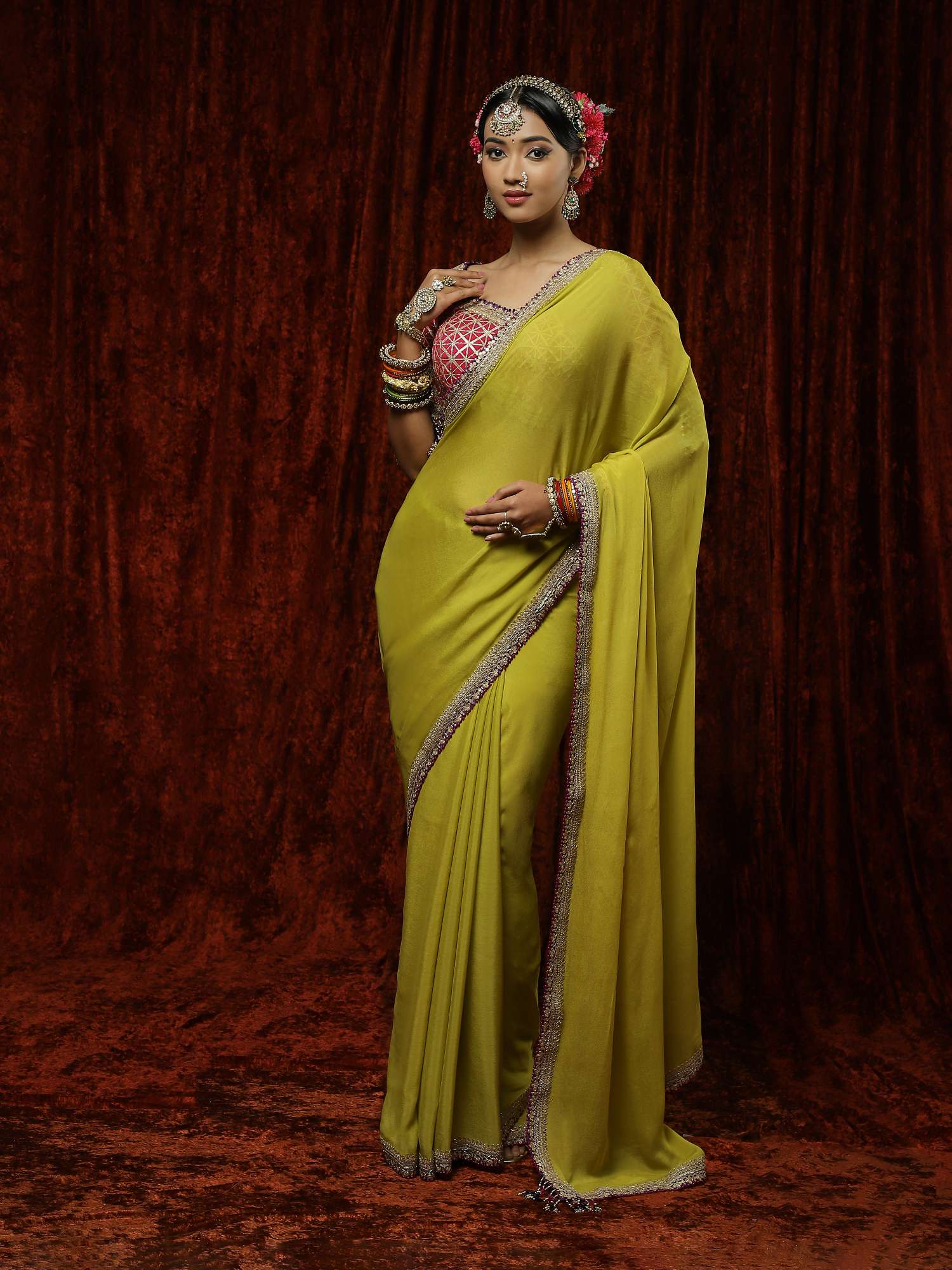 Lemon Green, Mauve & Rani Saree & Blouse Set