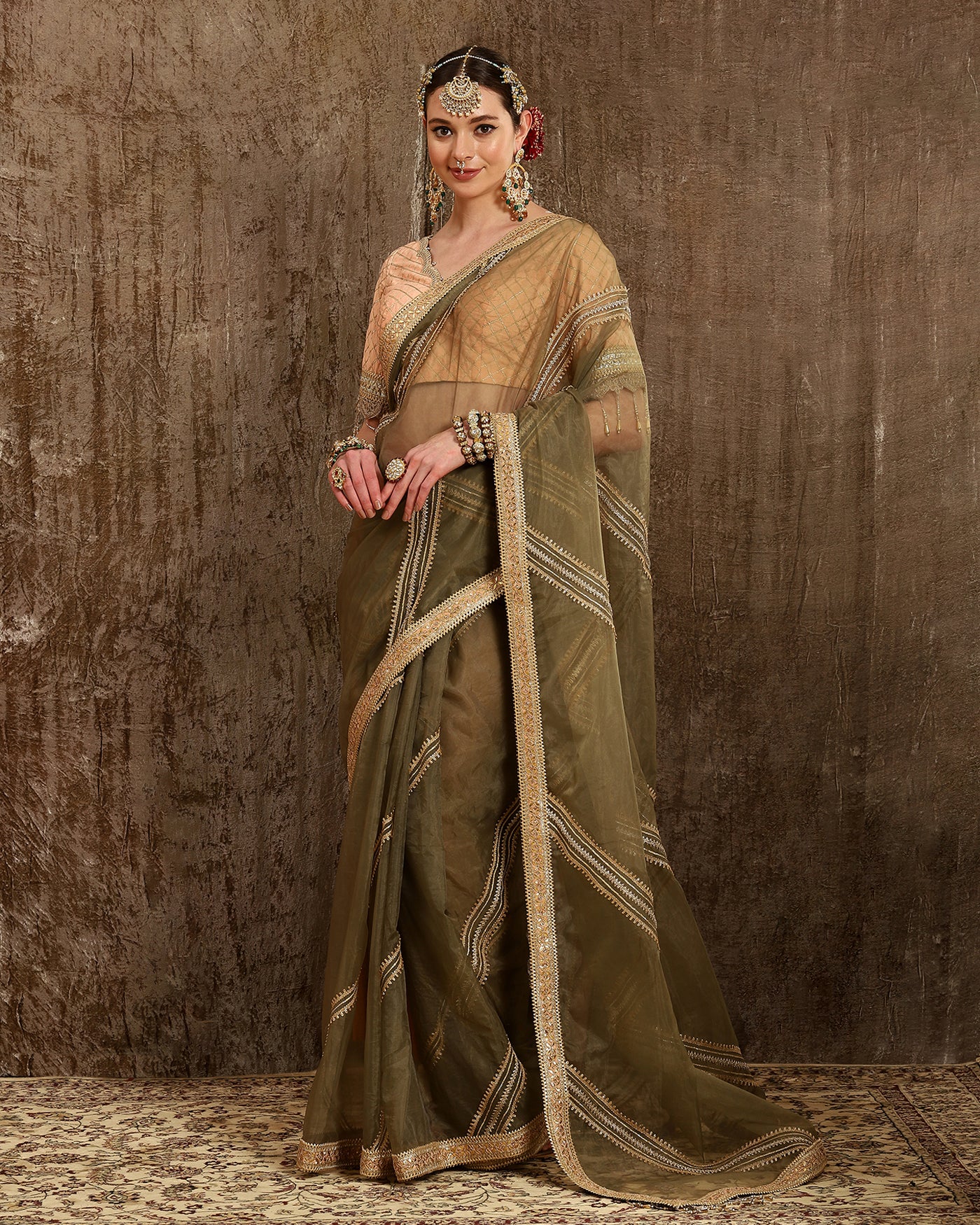 Mehandi & Peach Saree & Blouse Set