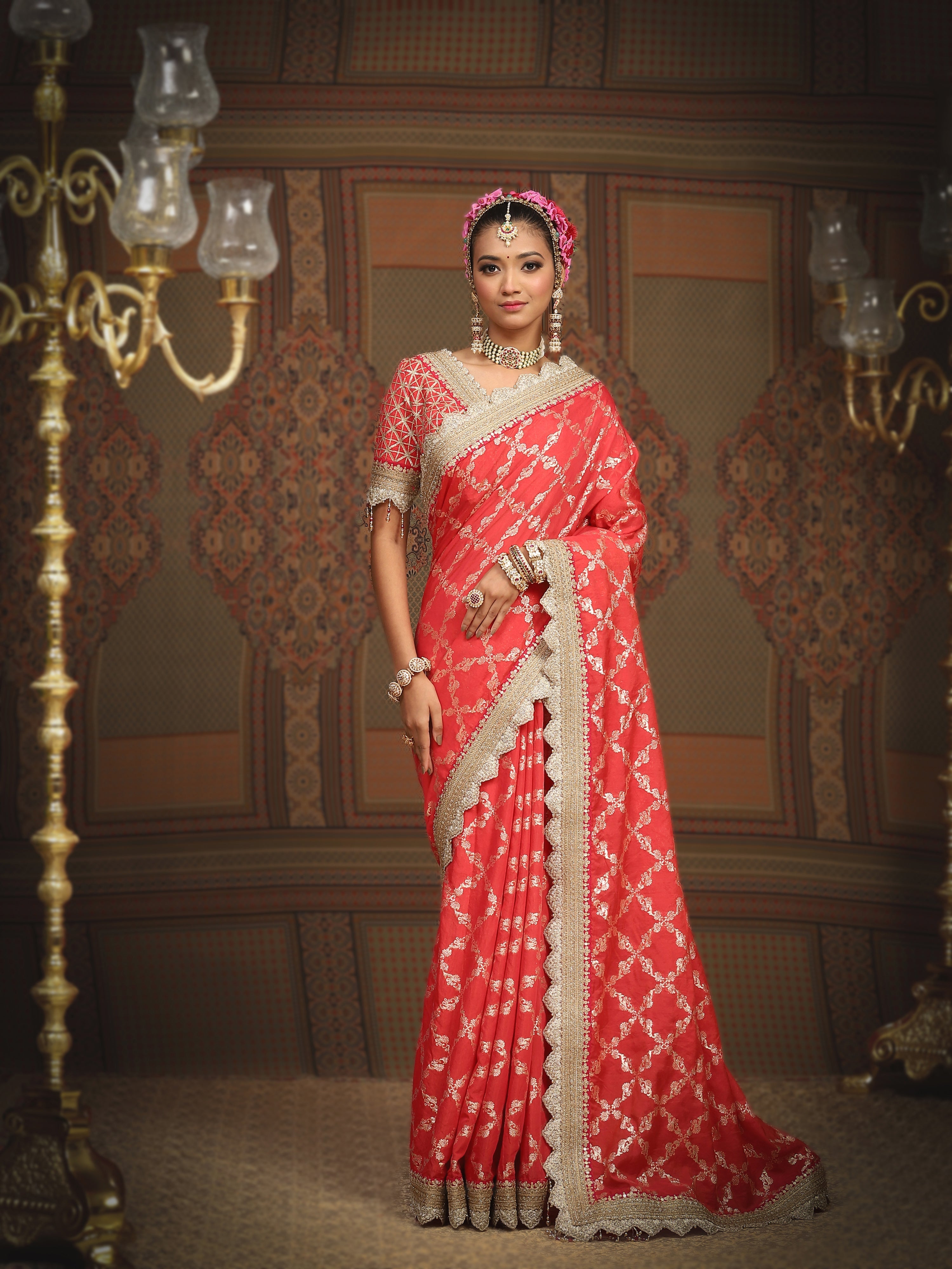 Watermelon Red And Red Saree & Blouse Set