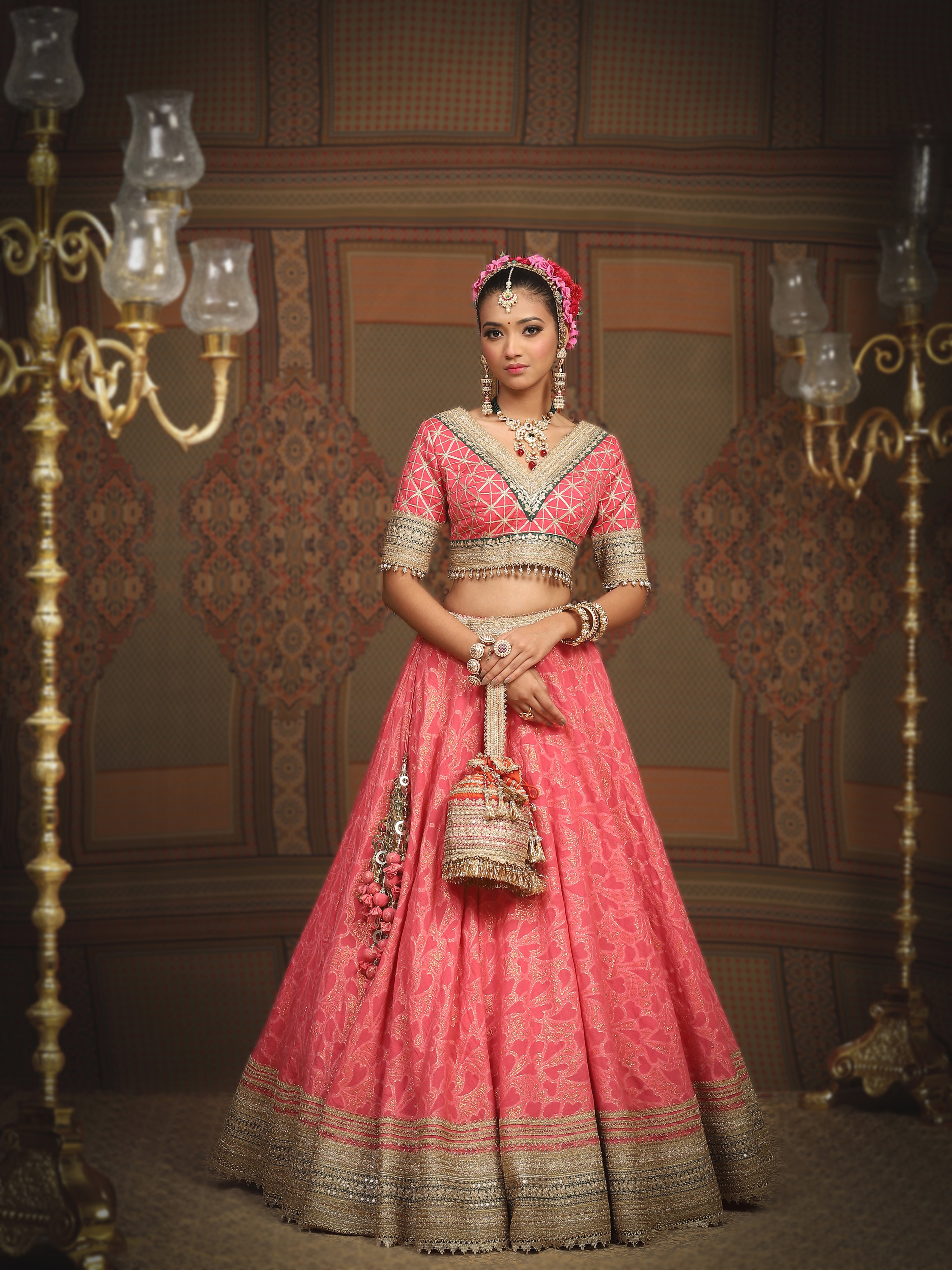 Punch Pink And Emerald Green Lehenga Set