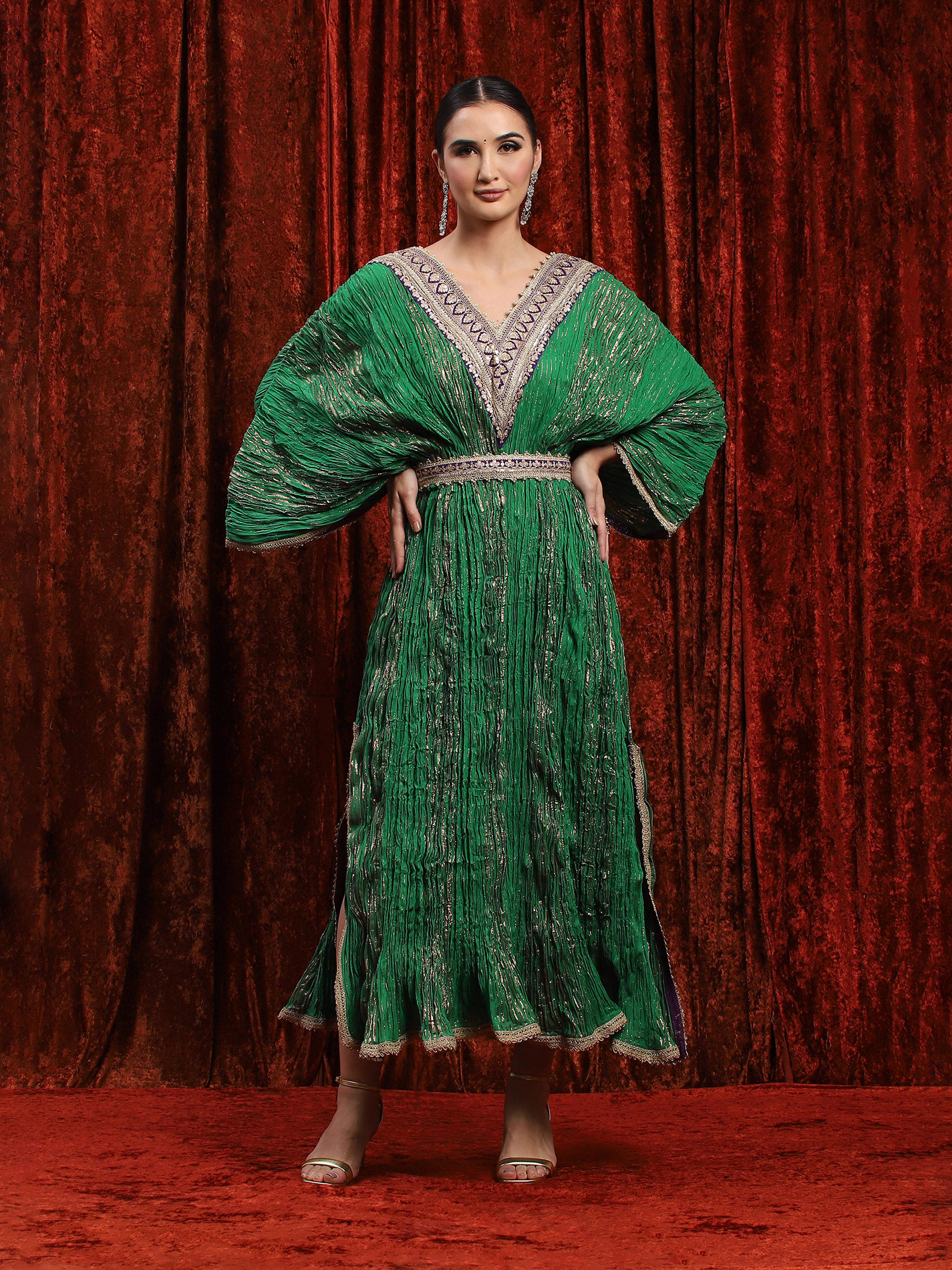 Green & Purplle Crinkle Kaftan & Belt Set