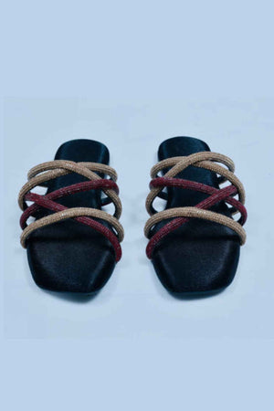 Red & Black Multi string Open Toe Flats