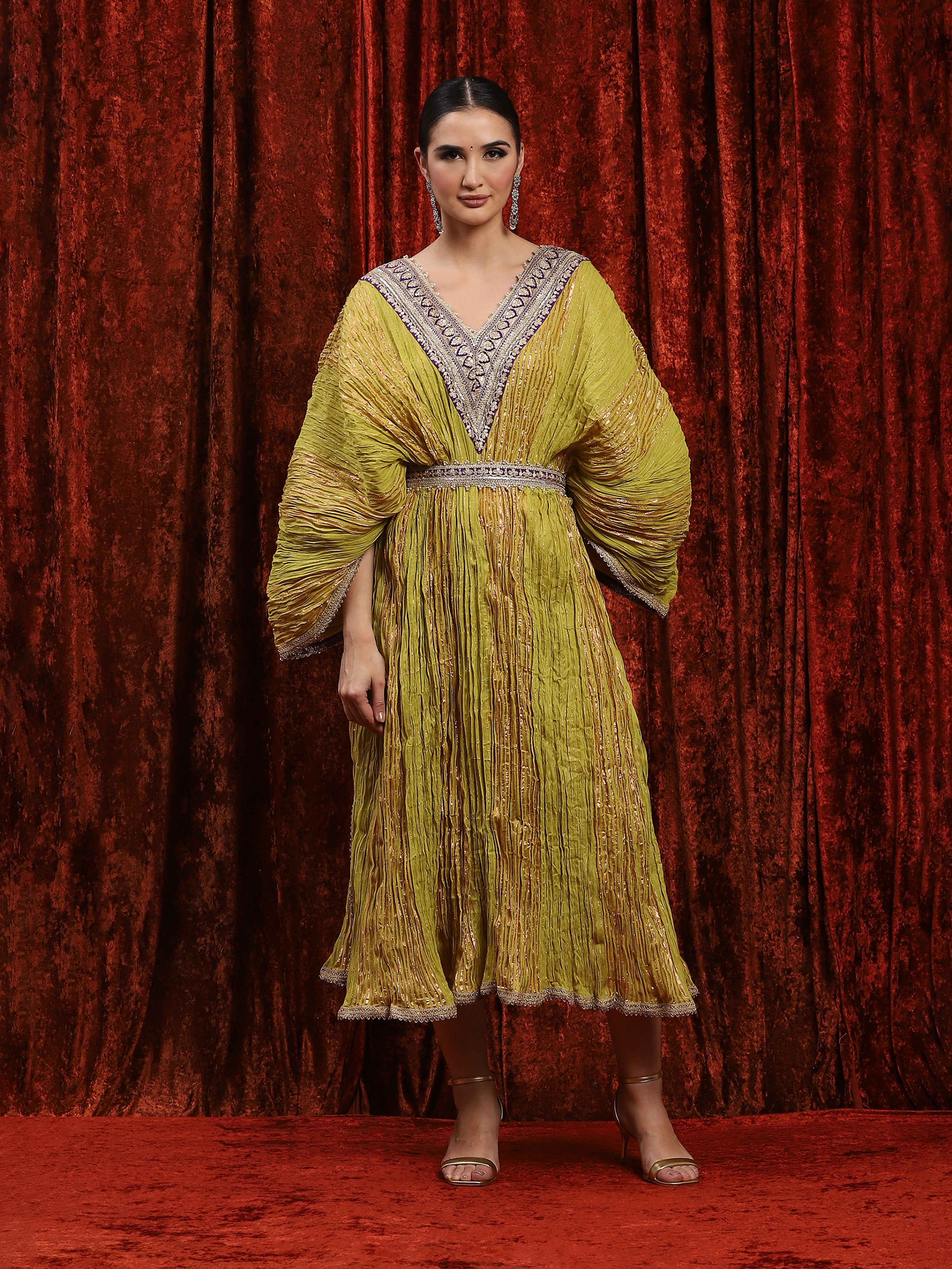 Lomon Green & Purple Crinkle Kaftan & Belt Set