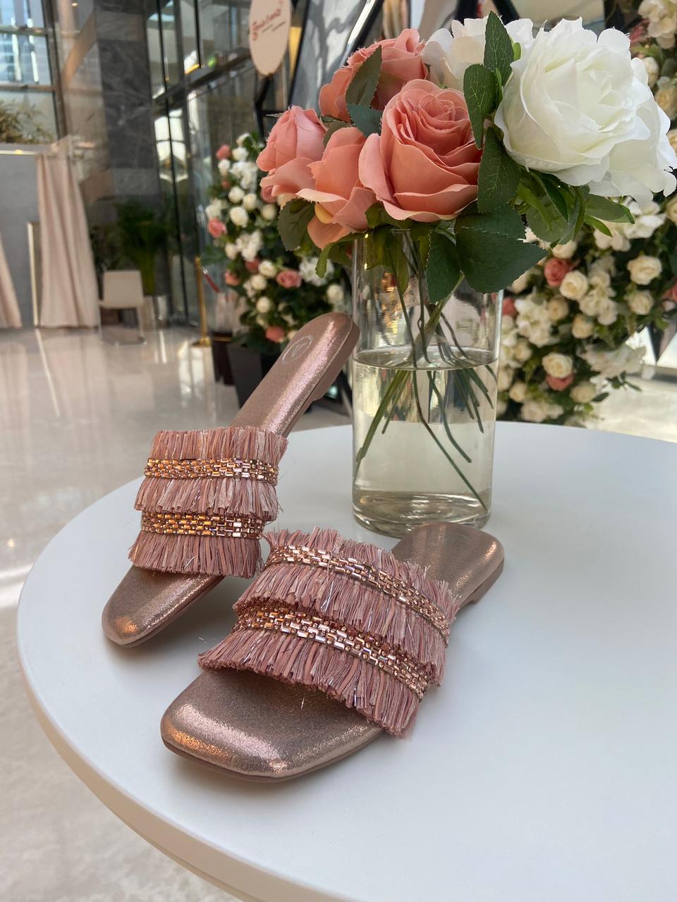 Women's Open Toe Rose Gold Frills Sliders Flat Sandal