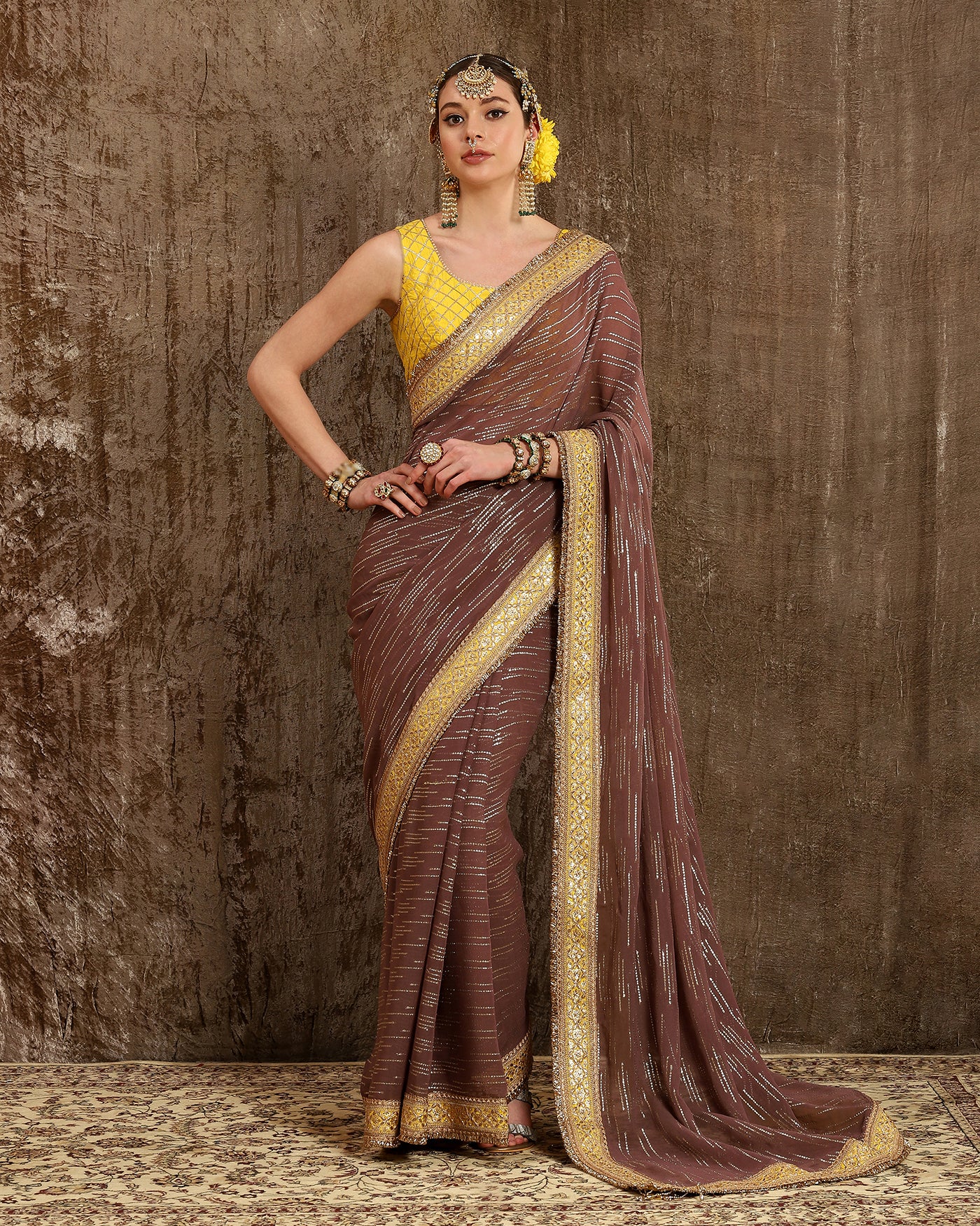 Mouse & Lime yellow Saree & Blouse Set