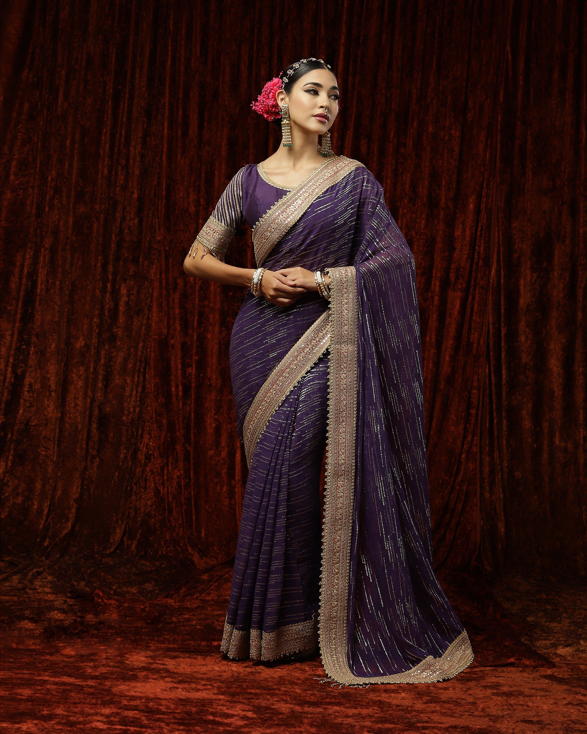 Purple & Rani Pink Saree & Blouse Set
