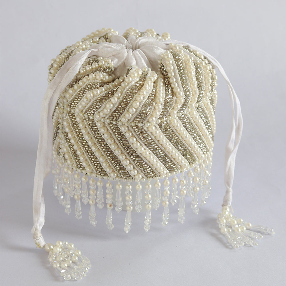THE TAN CLAN Petite Embroidered Mini Potli with Glass Bead Hangings