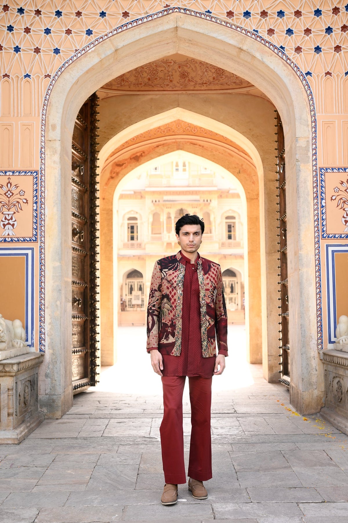 Organza Achkan With Border And Plain Pintuck Kurta With Maroon Flair Pant