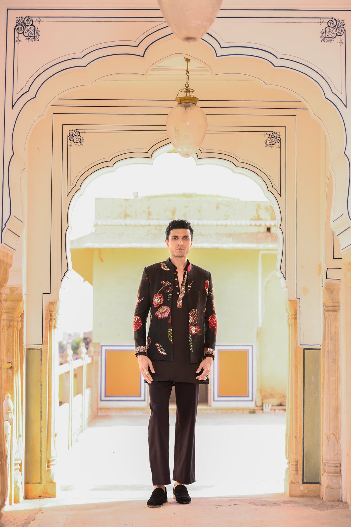 Highlighted Organza Achkan With Black Kurta And Black Flair Pant