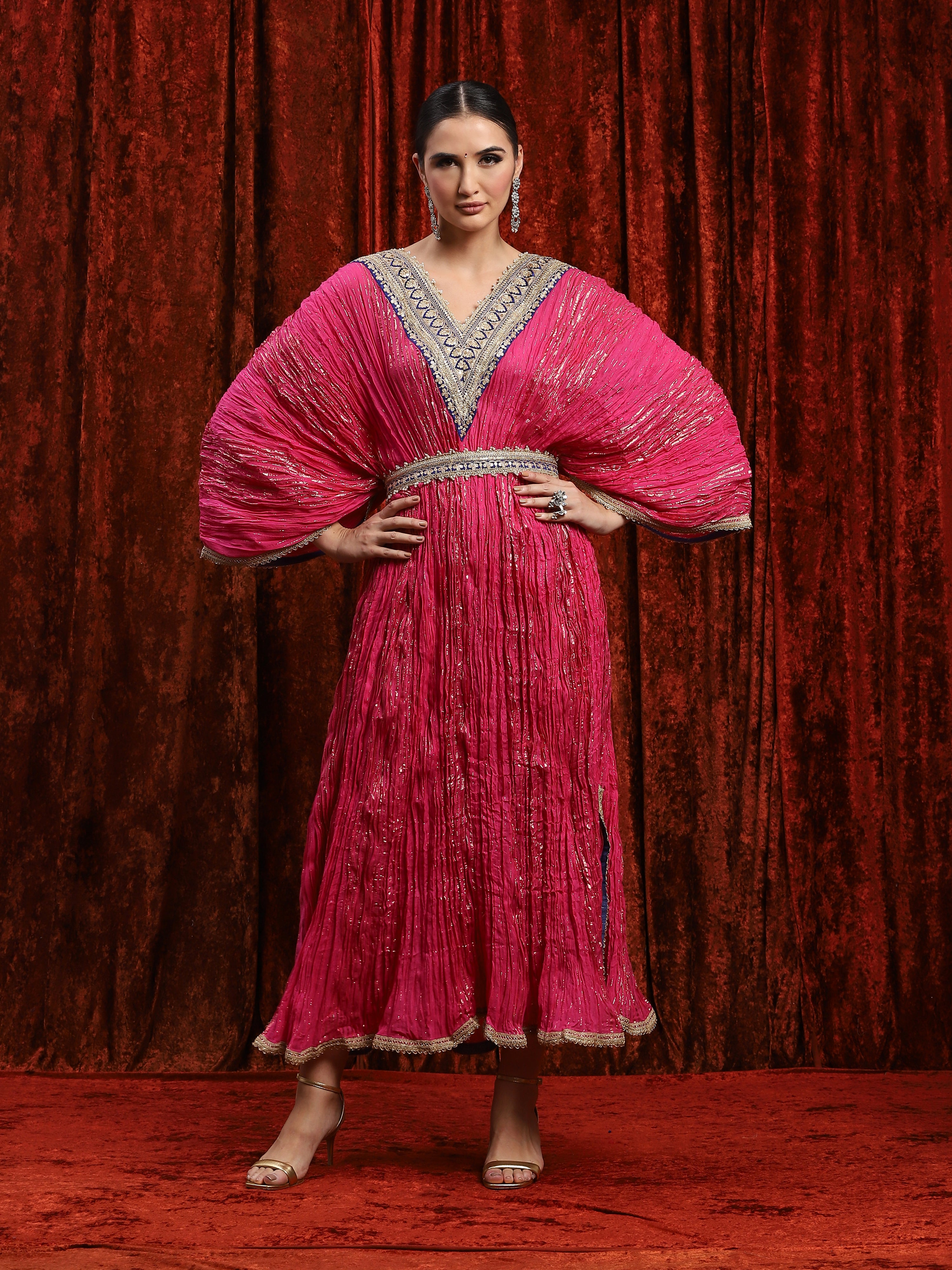 Rani Pink & Electric Blue Crinkle Kaftan & Belt Set