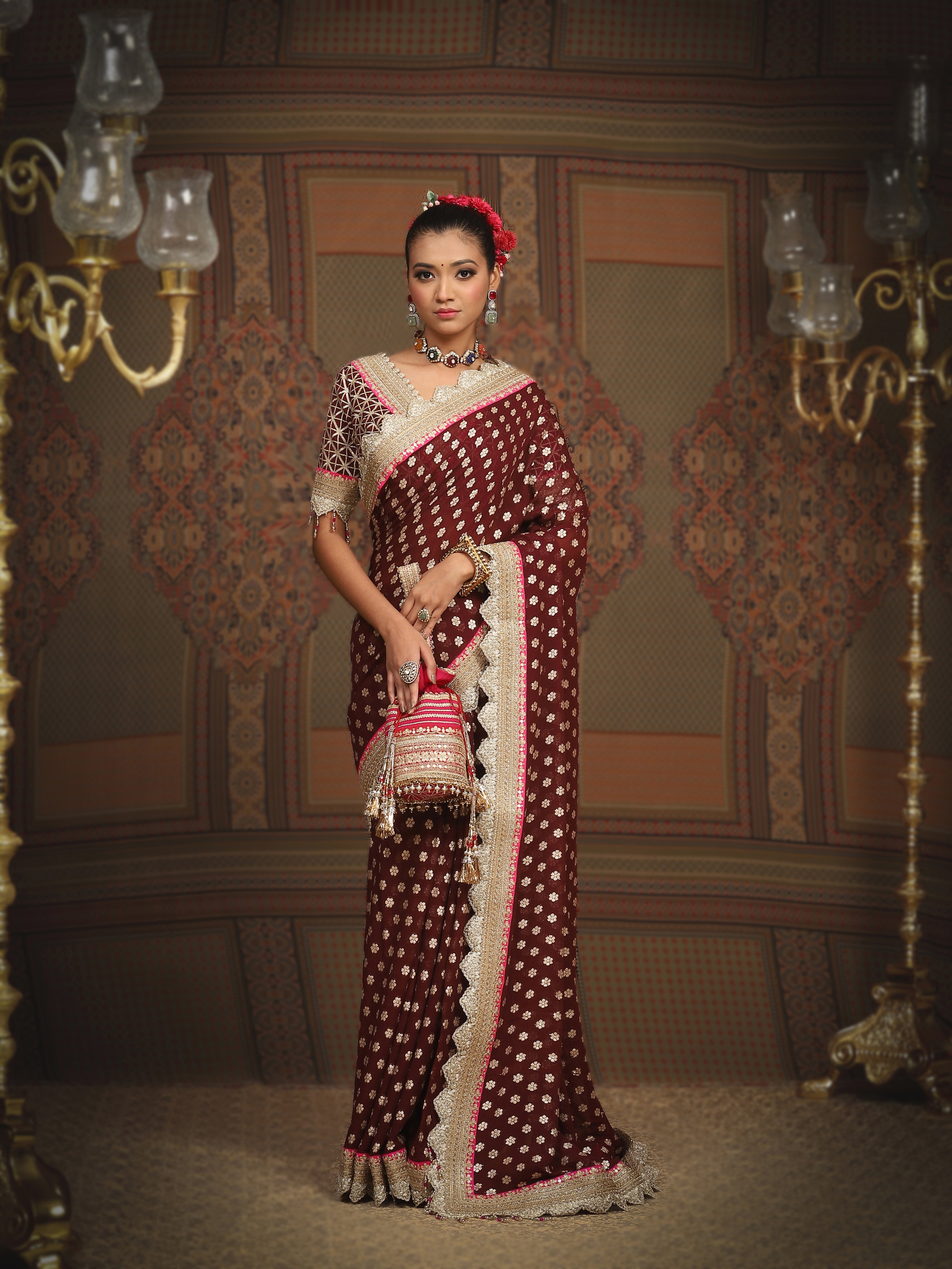 Maroon And Rani Pink Saree & Blouse Set