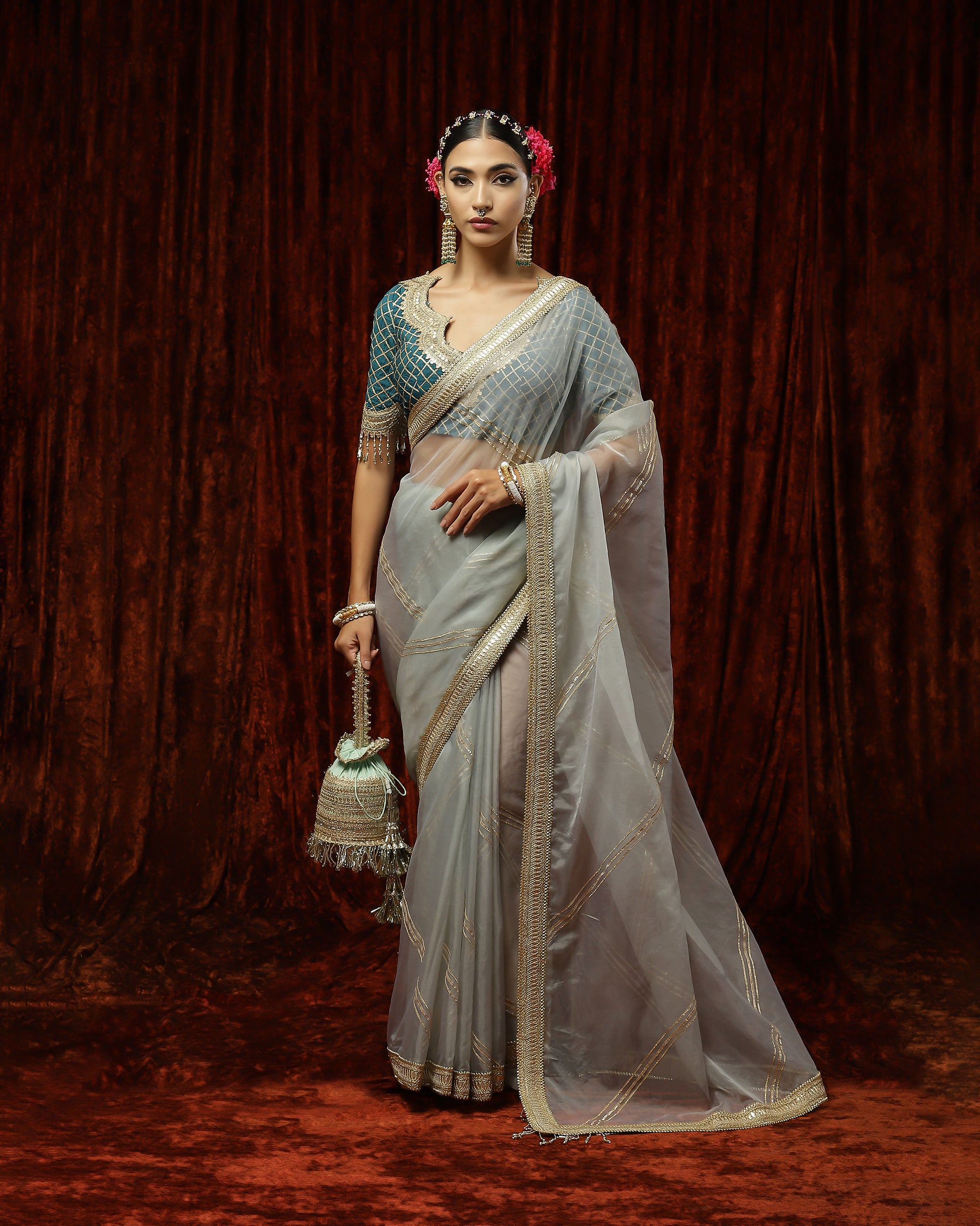 Dusty blue & Cobalt blue Saree & Blouse Set