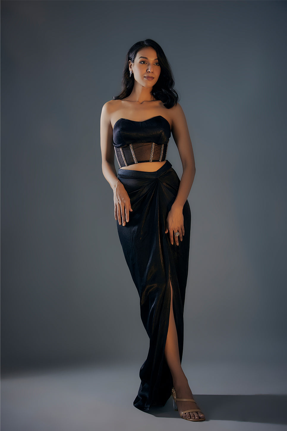 Black Embroidered Corset With Draped Skirt And Colour Block Jacket